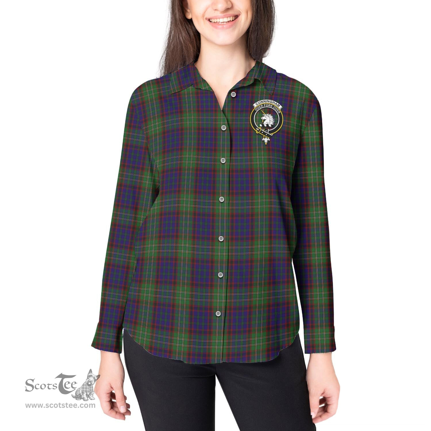 ScotsTee Shop Scottish Cunningham Hunting Clan Crest Tartan Womens Long Sleeve Shirt