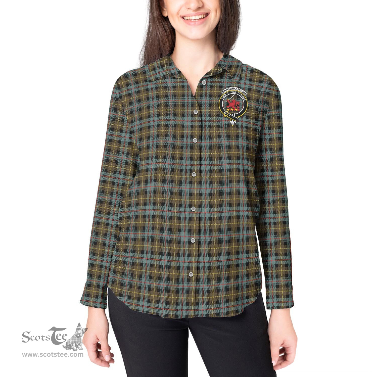 ScotsTee Shop Scottish Farquharson Weathered Clan Crest Tartan Womens Long Sleeve Shirt