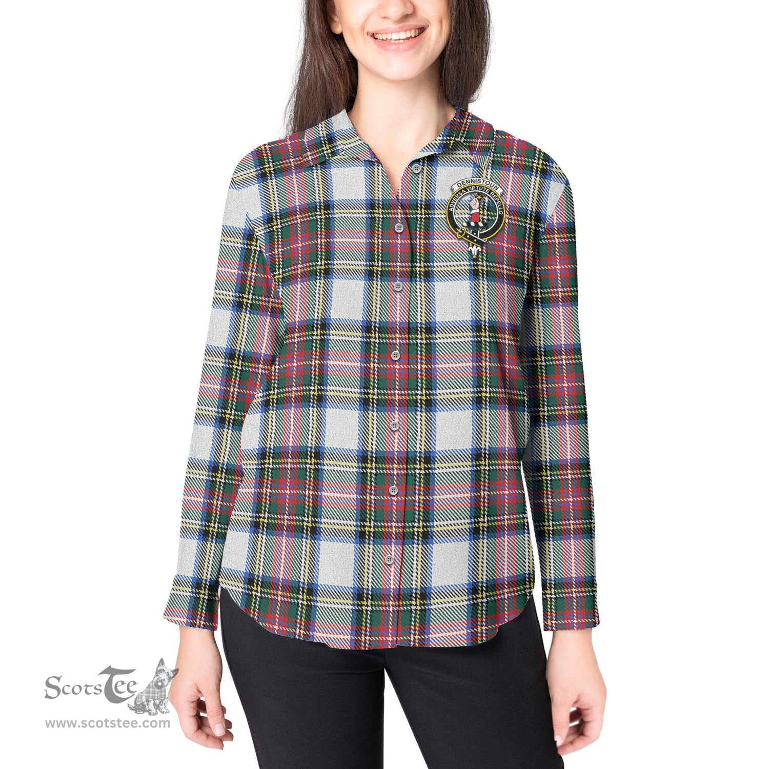 ScotsTee Shop Scottish Dennistoun Clan Crest Tartan Womens Long Sleeve Shirt