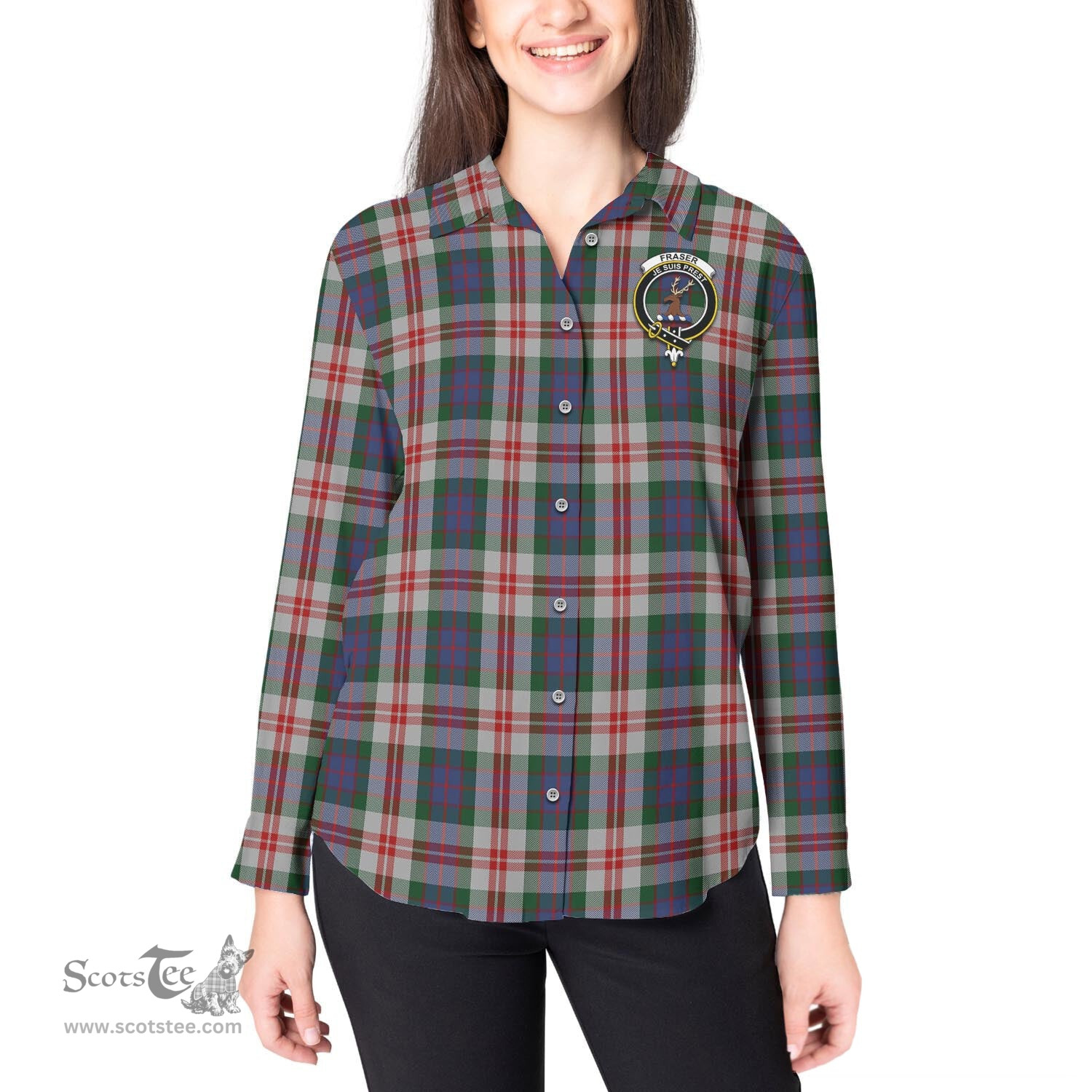 ScotsTee Shop Scottish Fraser Red Dress Clan Crest Tartan Womens Long Sleeve Shirt