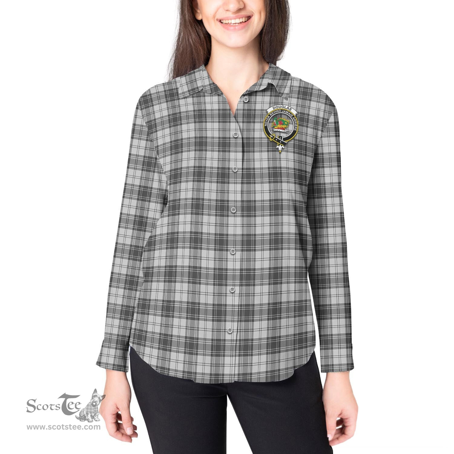 ScotsTee Shop Scottish Douglas Grey Modern Clan Crest Tartan Womens Long Sleeve Shirt