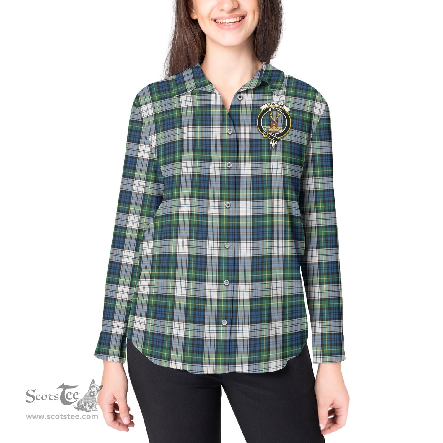 ScotsTee Shop Scottish Gordon Dress Ancient Clan Crest Tartan Womens Long Sleeve Shirt