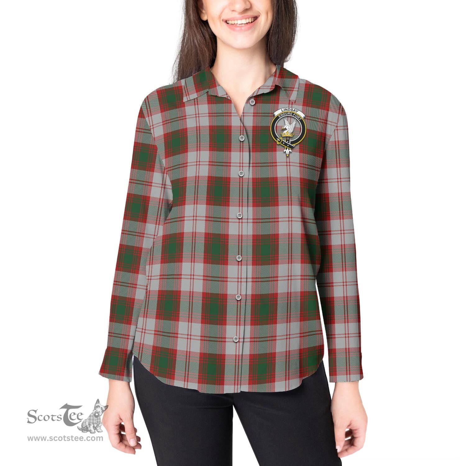 ScotsTee Shop Scottish Lindsay Dress Red Clan Crest Tartan Womens Long Sleeve Shirt