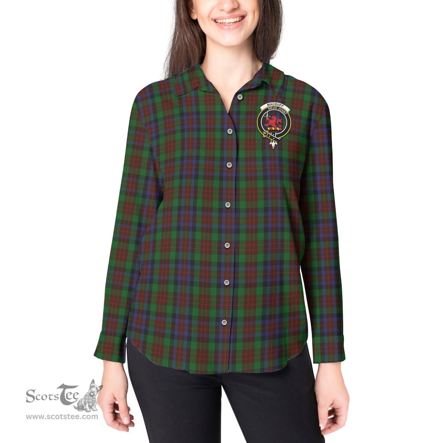 ScotsTee Shop Scottish MacDuff Hunting Clan Crest Tartan Womens Long Sleeve Shirt