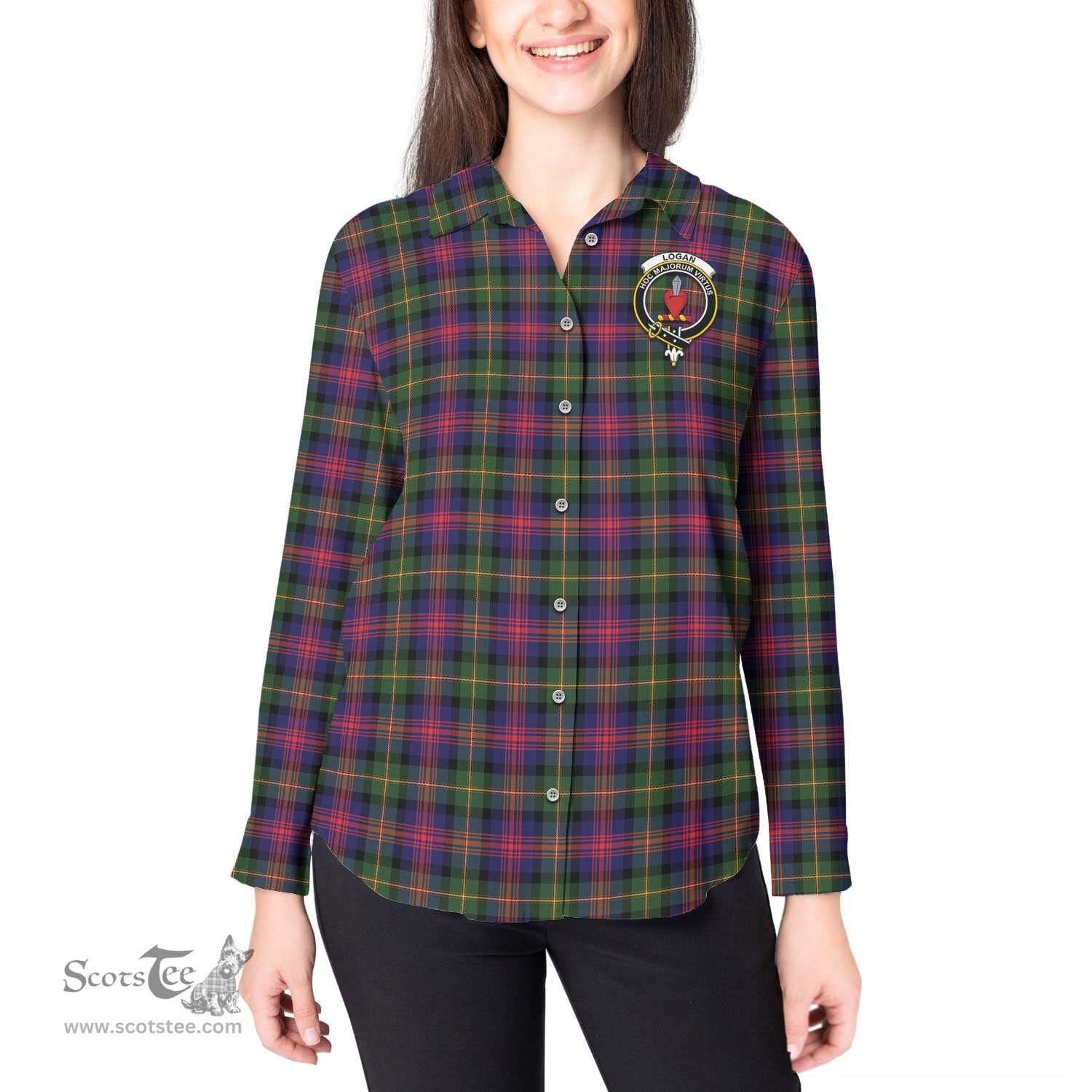 ScotsTee Shop Scottish Logan Modern Clan Crest Tartan Womens Long Sleeve Shirt