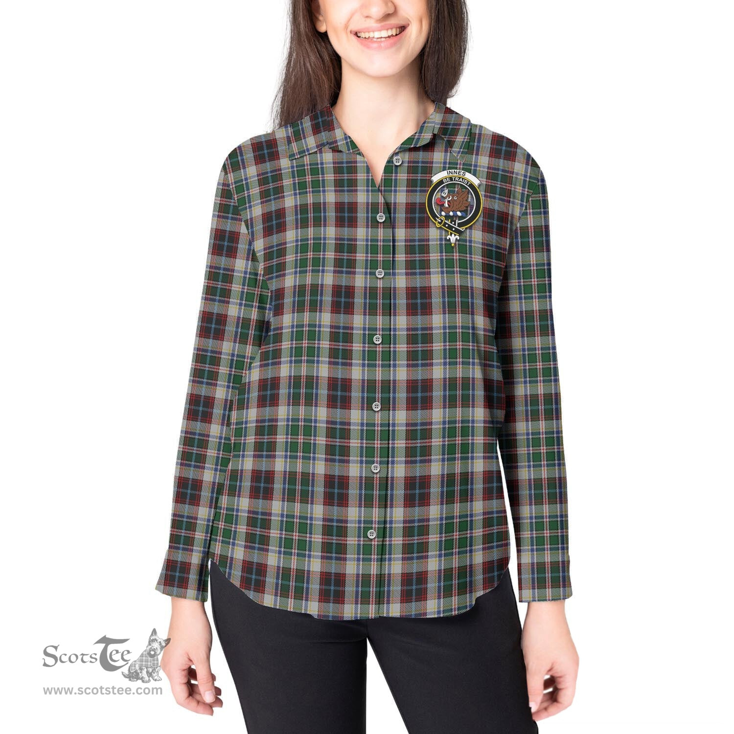ScotsTee Shop Scottish Innes Dress Clan Crest Tartan Womens Long Sleeve Shirt