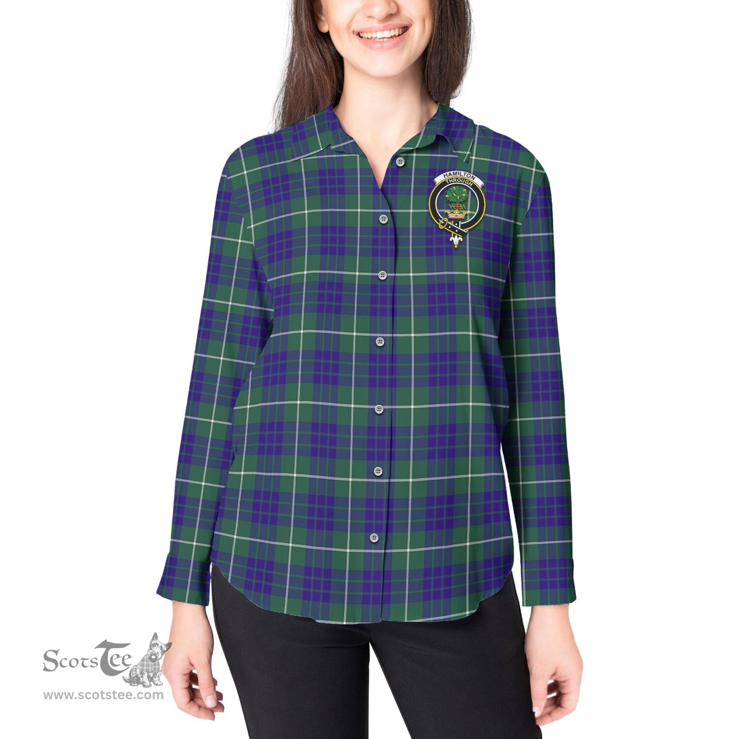 ScotsTee Shop Scottish Hamilton Hunting Modern Clan Crest Tartan Womens Long Sleeve Shirt