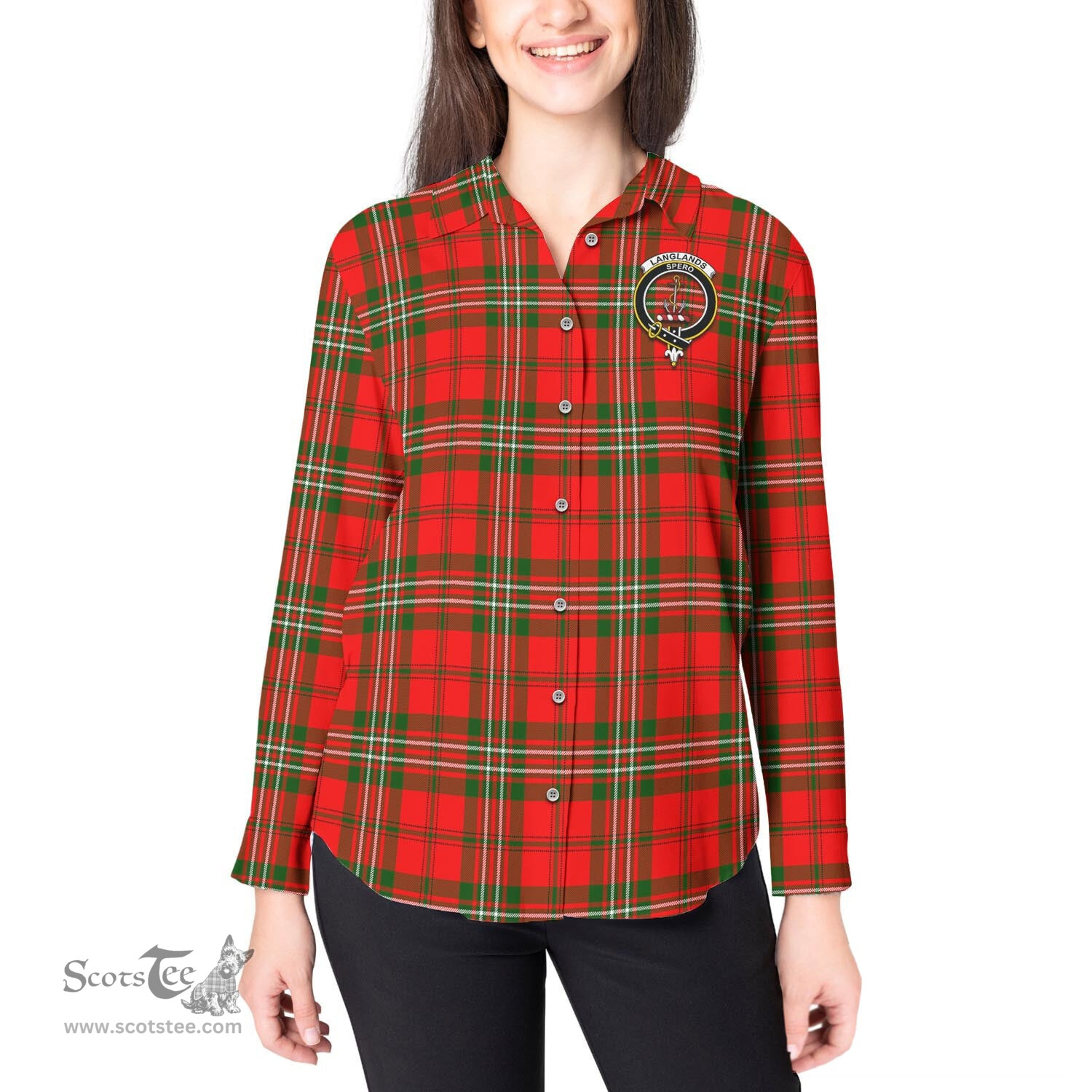 ScotsTee Shop Scottish Langlands Clan Crest Tartan Womens Long Sleeve Shirt