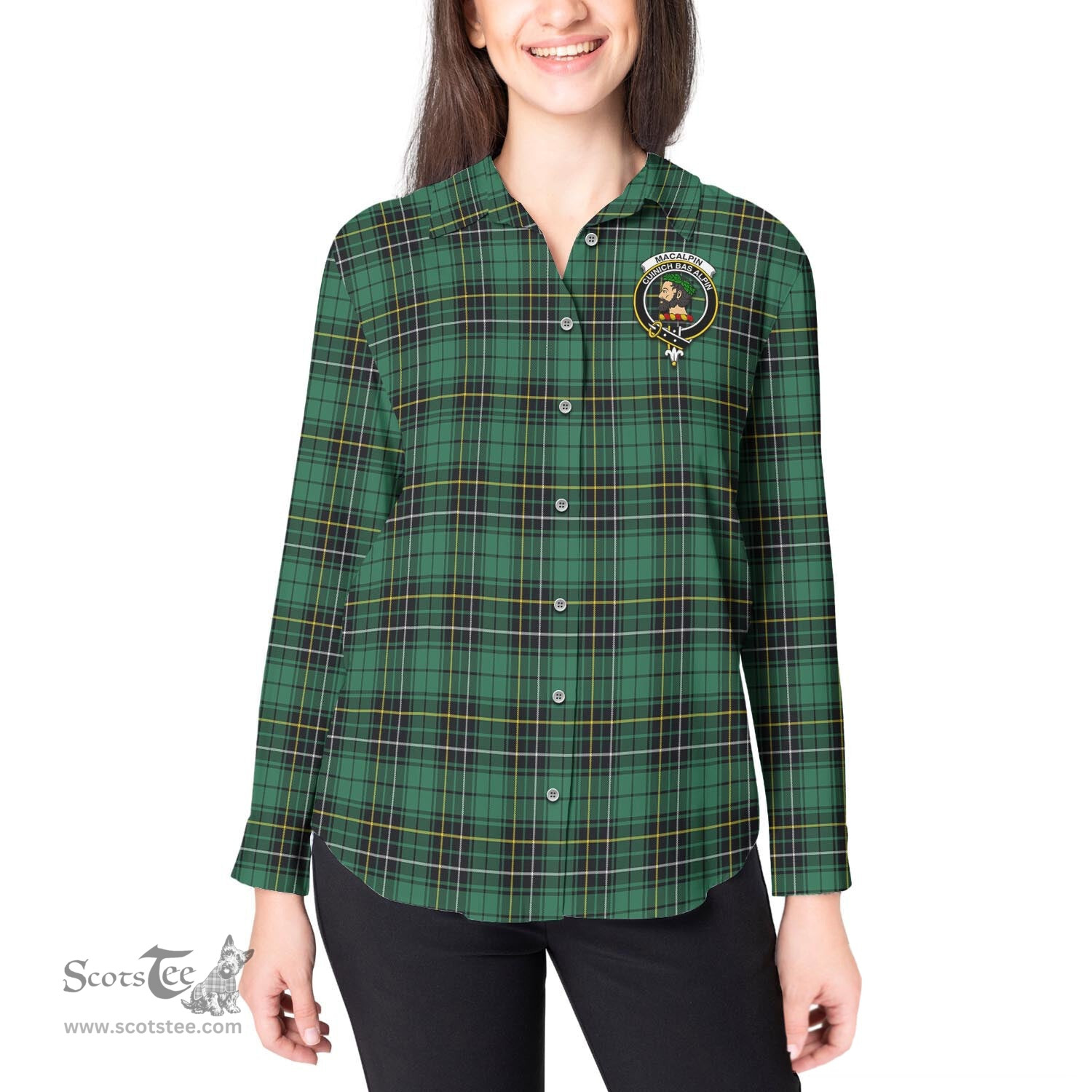 ScotsTee Shop Scottish MacAlpin Ancient Clan Crest Tartan Womens Long Sleeve Shirt