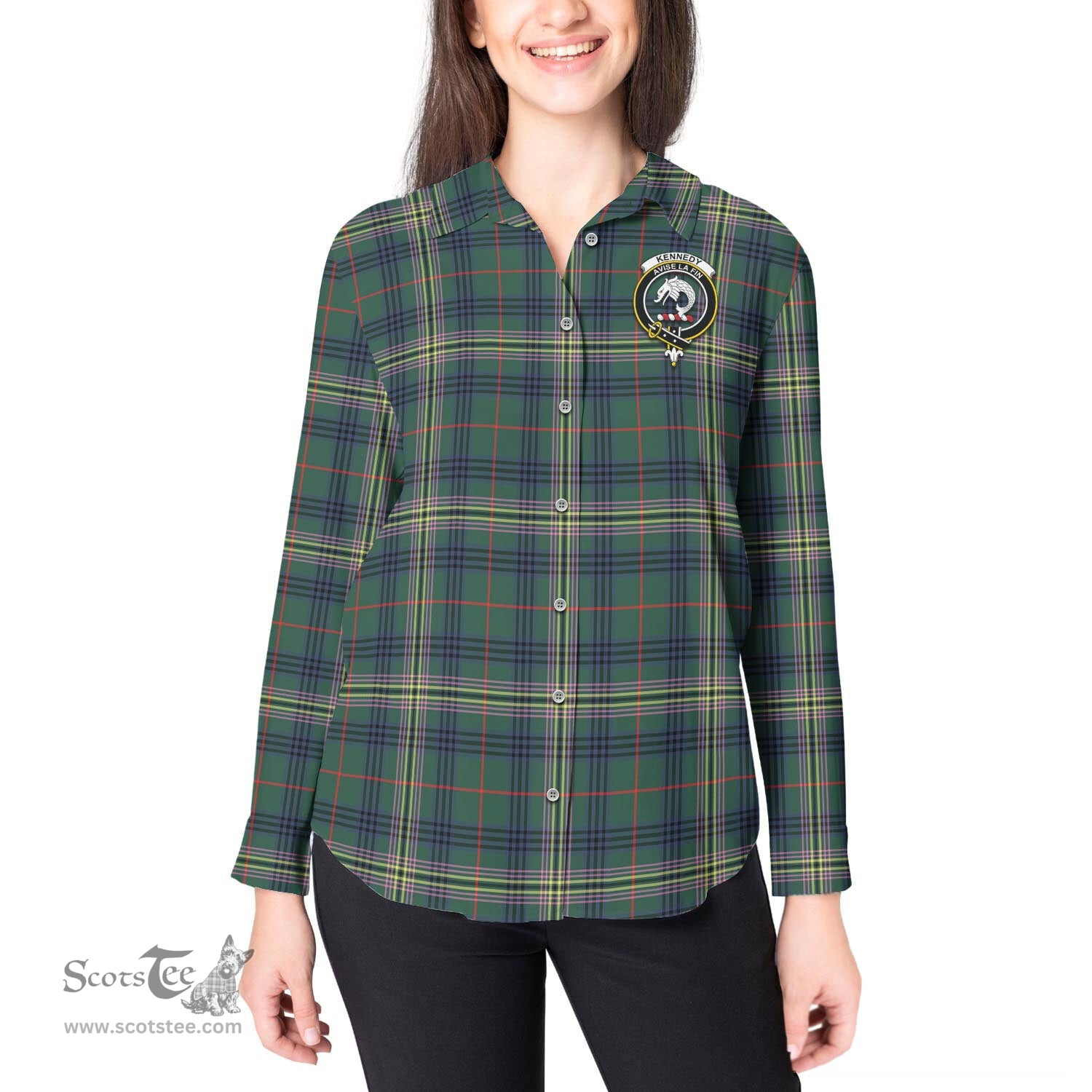 ScotsTee Shop Scottish Kennedy Modern Clan Crest Tartan Womens Long Sleeve Shirt