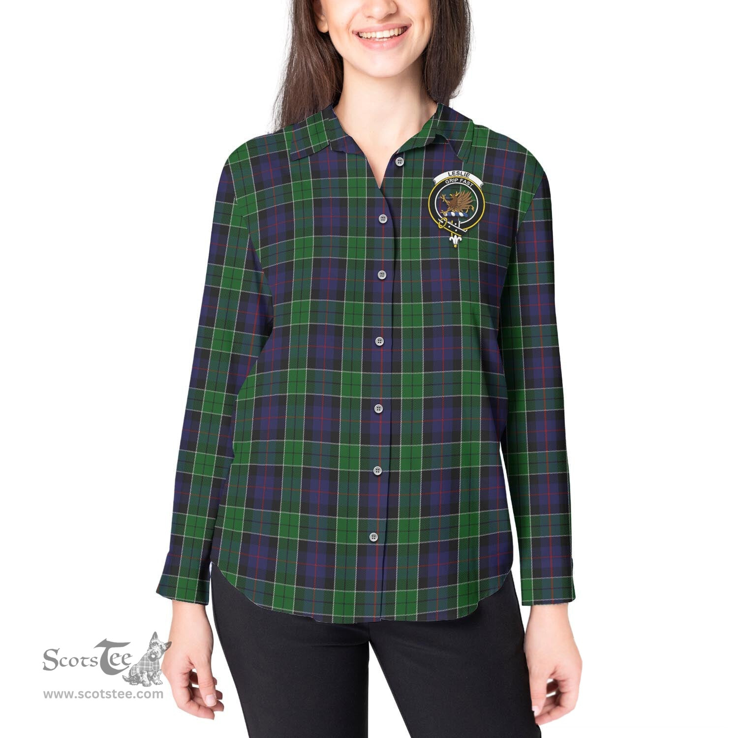 ScotsTee Shop Scottish Leslie Hunting Clan Crest Tartan Womens Long Sleeve Shirt