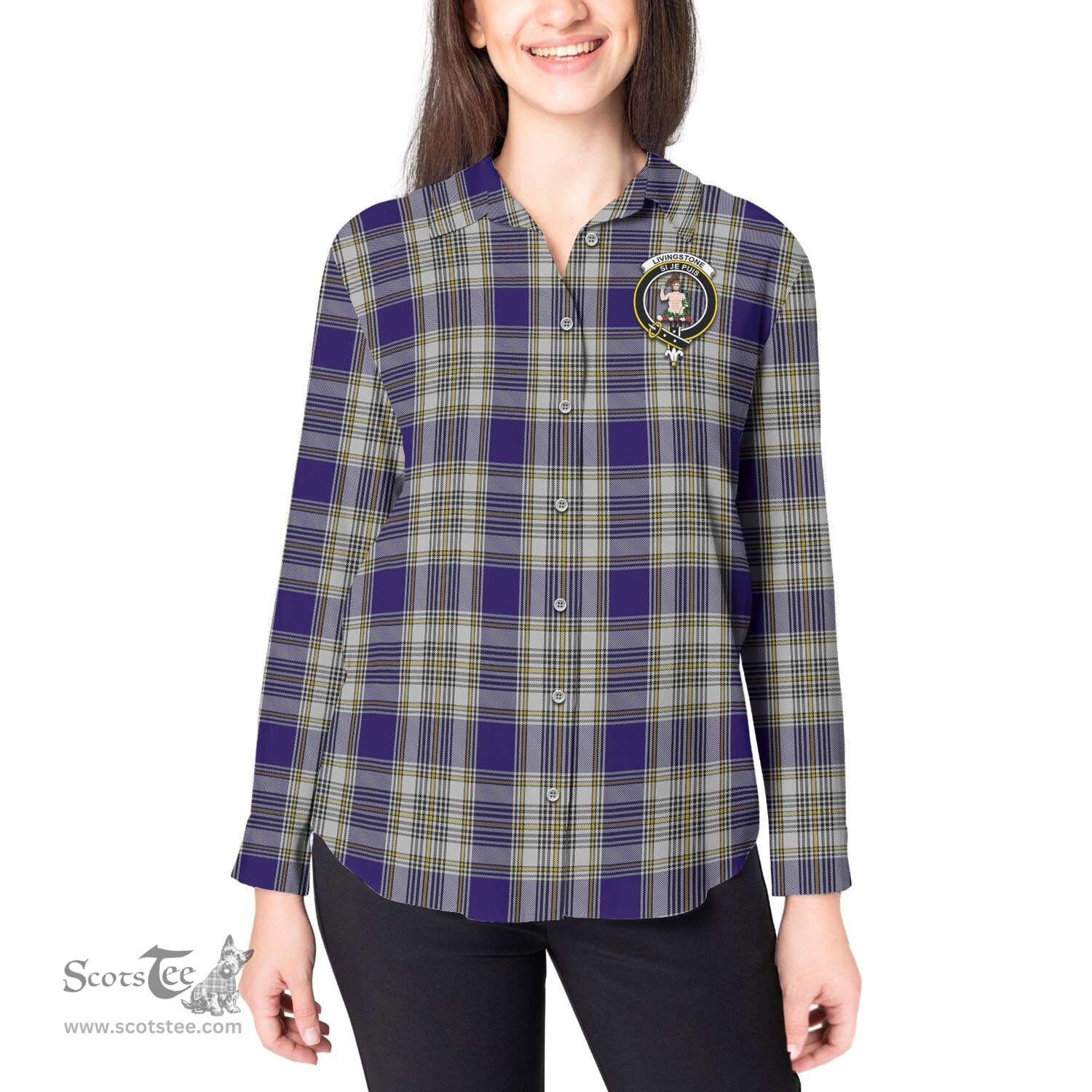 ScotsTee Shop Scottish Livingston Dress Clan Crest Tartan Womens Long Sleeve Shirt