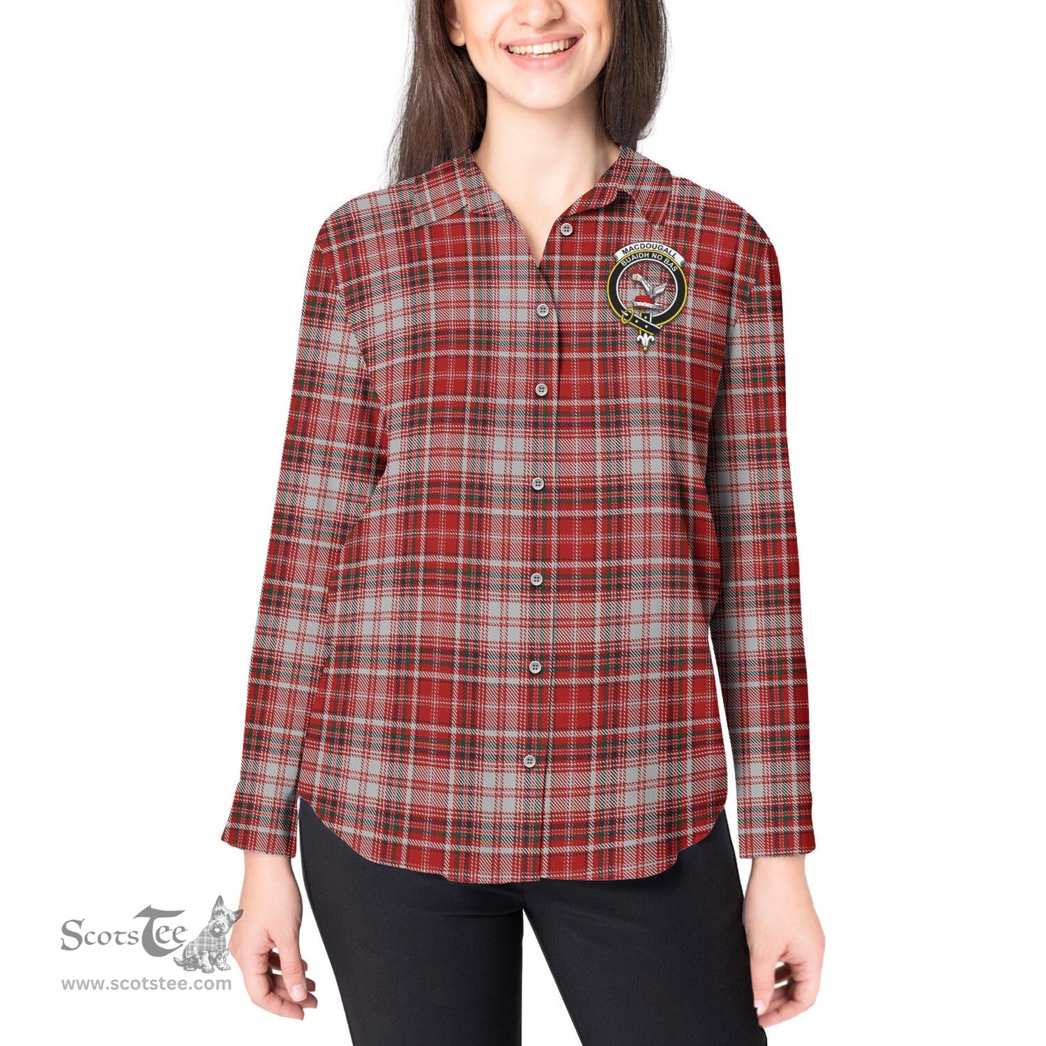 ScotsTee Shop Scottish MacDougall Dress Clan Crest Tartan Womens Long Sleeve Shirt
