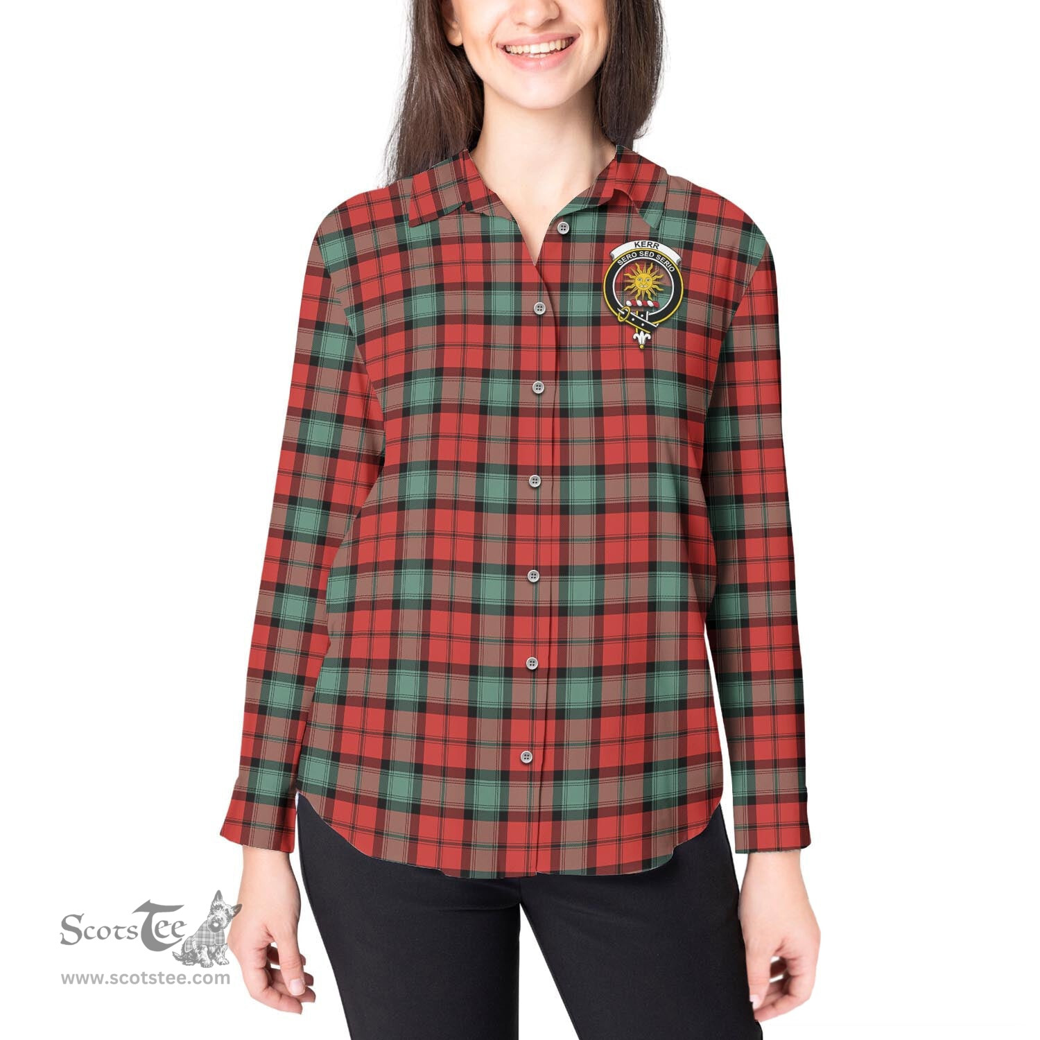 ScotsTee Shop Scottish Kerr Ancient Clan Crest Tartan Womens Long Sleeve Shirt