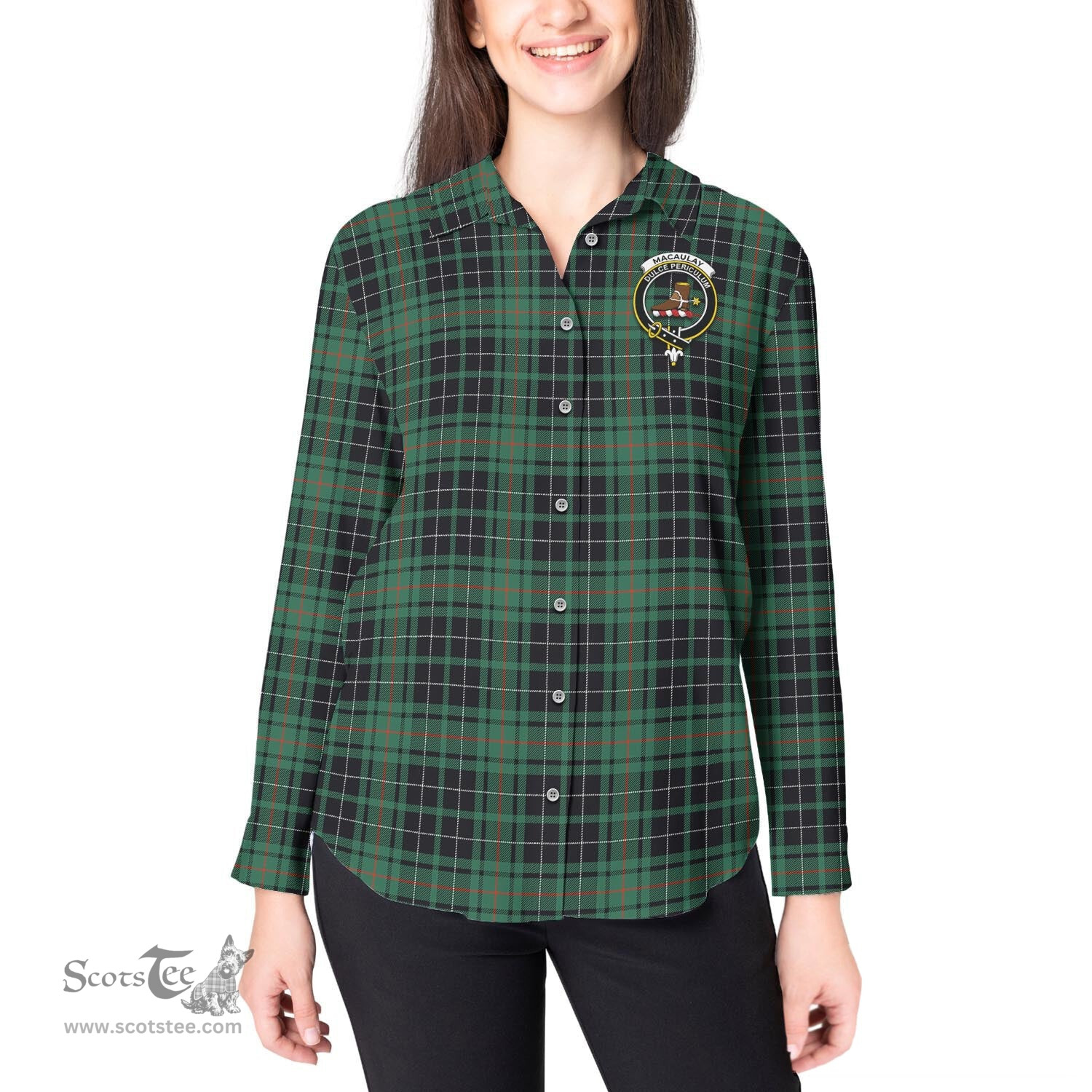 ScotsTee Shop Scottish MacAulay Hunting Ancient Clan Crest Tartan Womens Long Sleeve Shirt