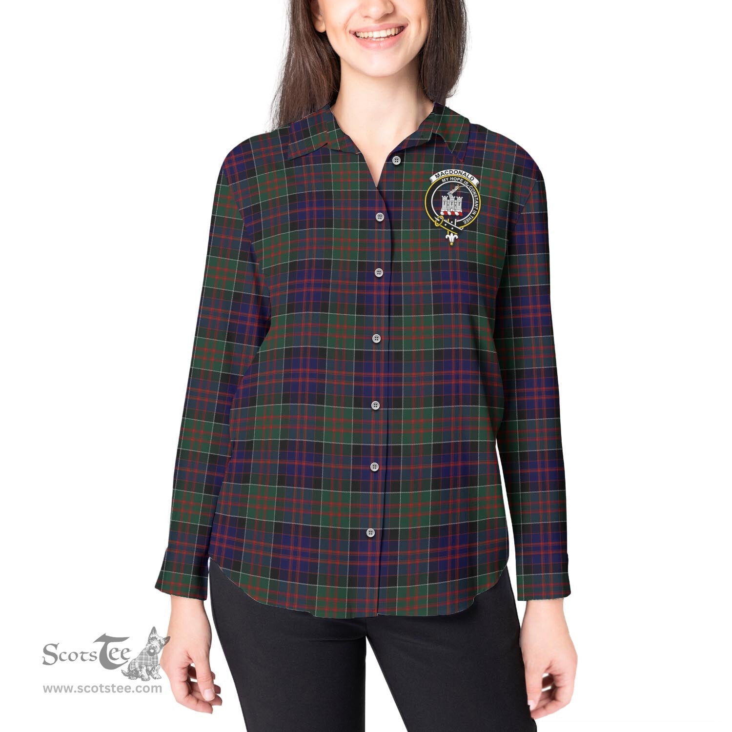 ScotsTee Shop Scottish MacDonald of Clan Ranald Clan Crest Tartan Womens Long Sleeve Shirt