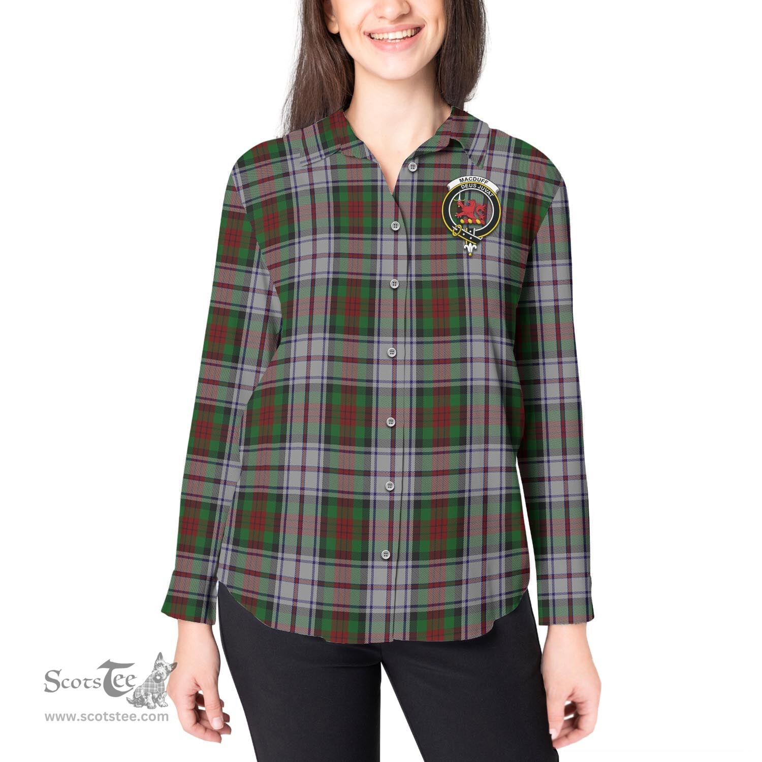 ScotsTee Shop Scottish MacDuff Dress Clan Crest Tartan Womens Long Sleeve Shirt