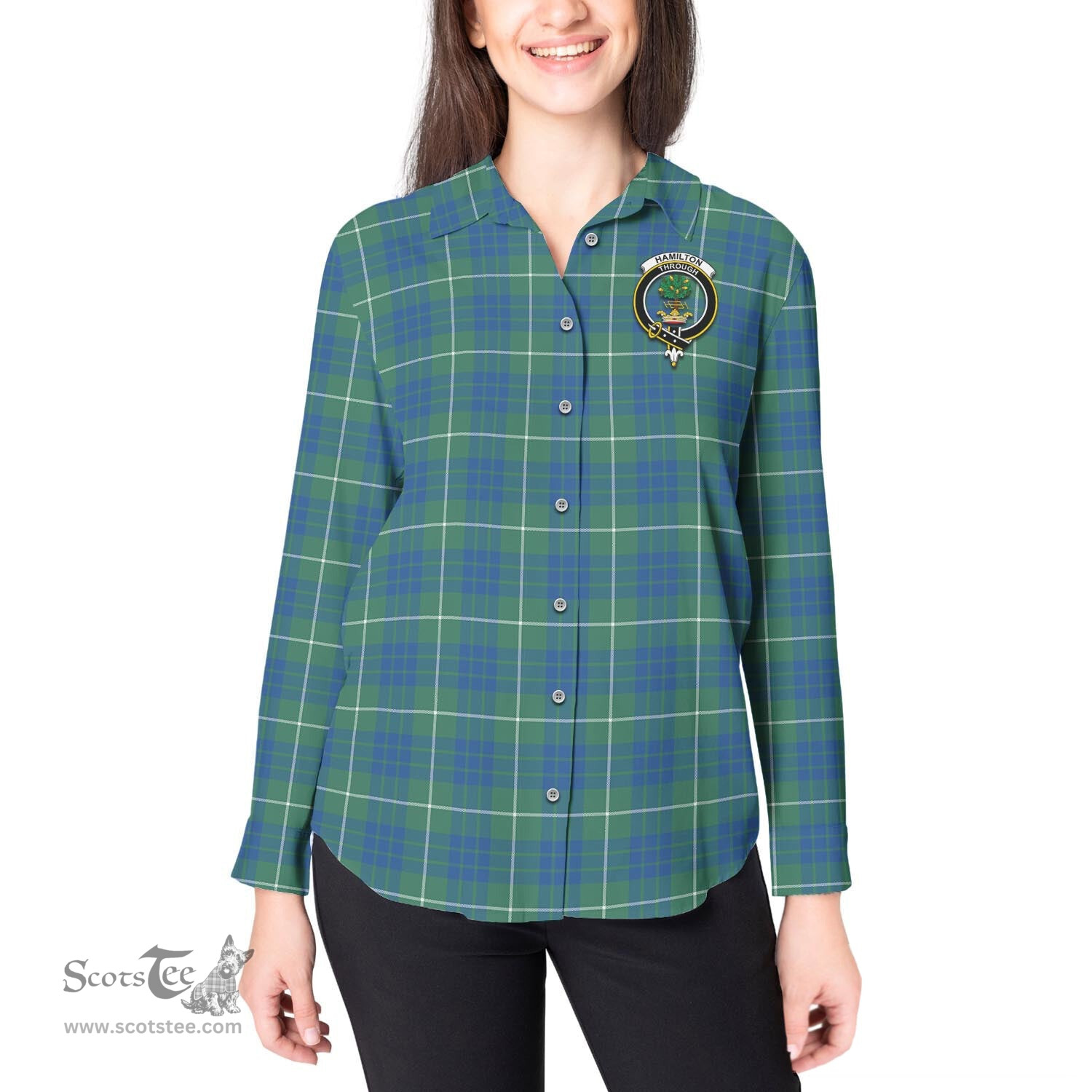 ScotsTee Shop Scottish Hamilton Hunting Ancient Clan Crest Tartan Womens Long Sleeve Shirt