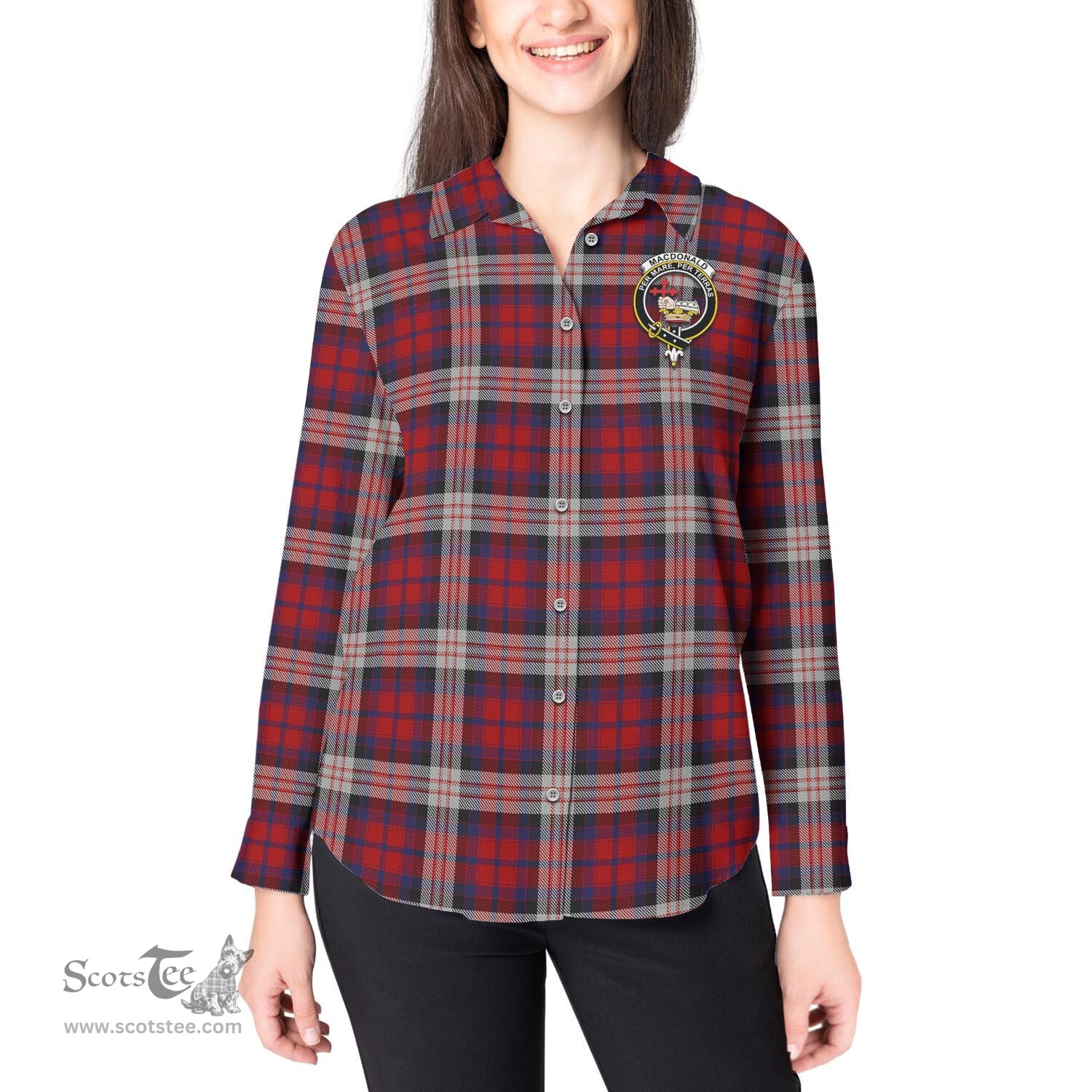 ScotsTee Shop Scottish MacDonald Dress Irish Clan Crest Tartan Womens Long Sleeve Shirt
