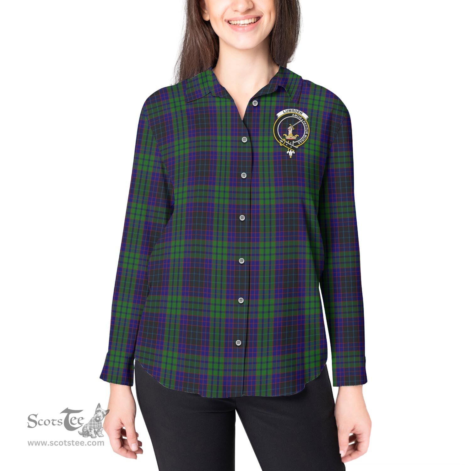 ScotsTee Shop Scottish Lumsden Green Clan Crest Tartan Womens Long Sleeve Shirt