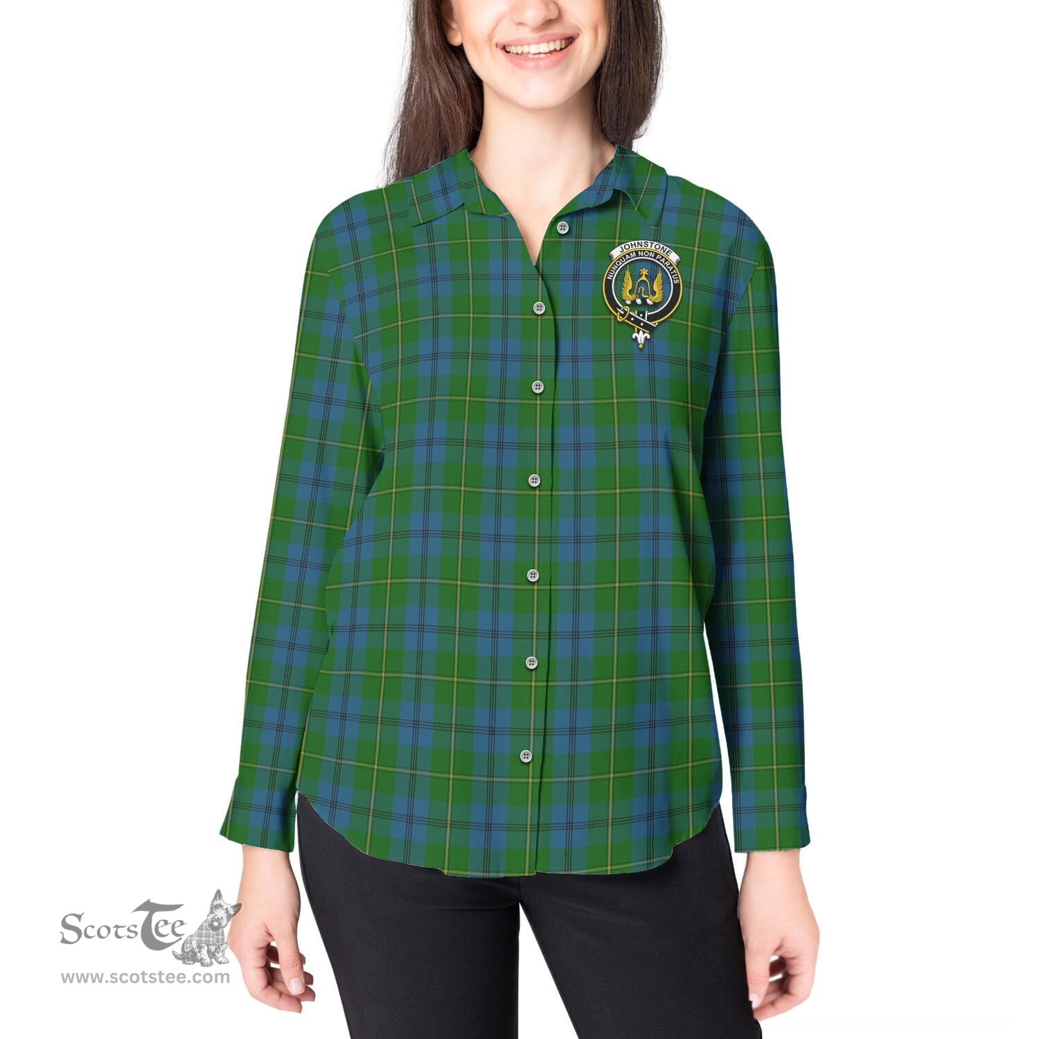 ScotsTee Shop Scottish Johnstone-Johnston Clan Crest Tartan Womens Long Sleeve Shirt