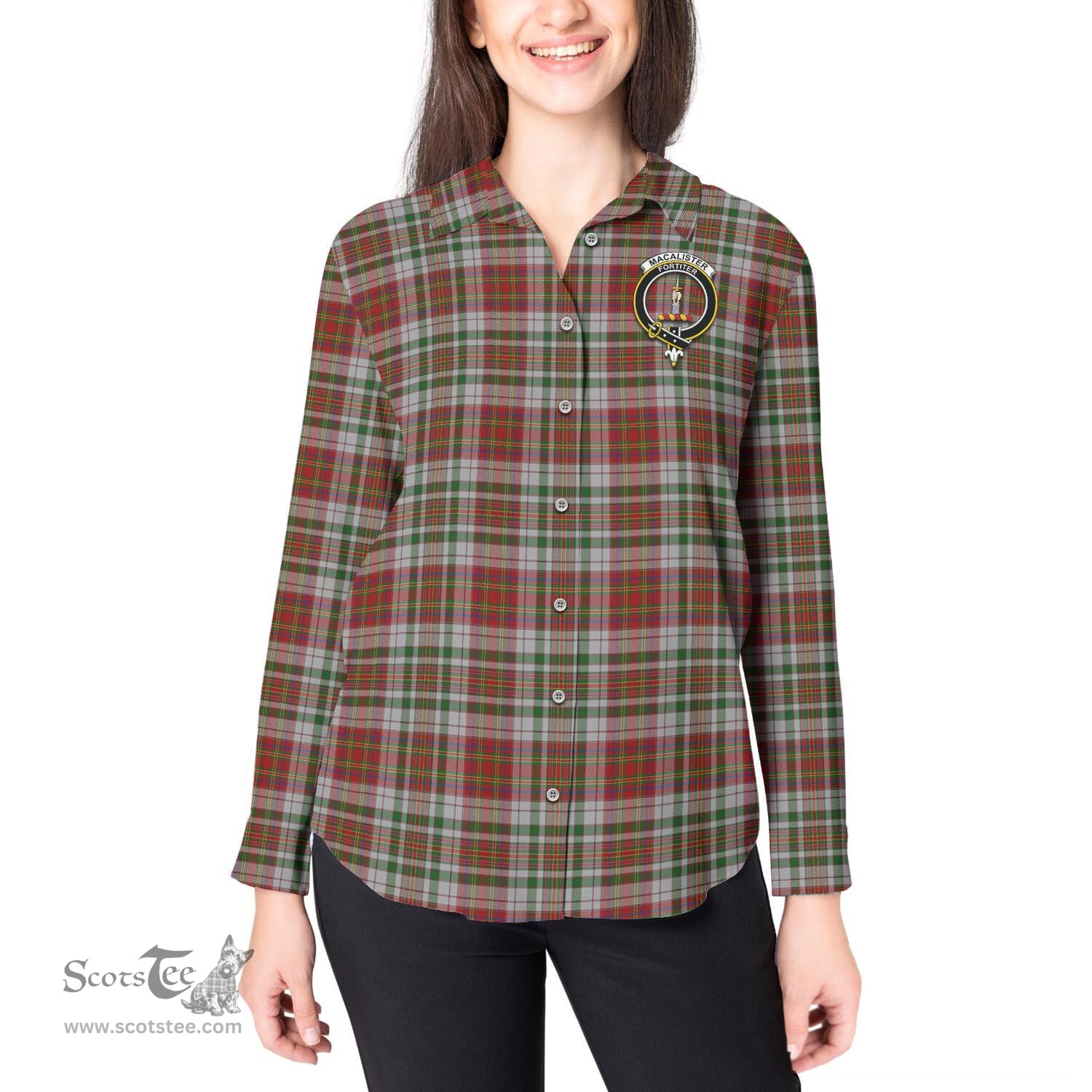 ScotsTee Shop Scottish MacAlister Dress Clan Crest Tartan Womens Long Sleeve Shirt