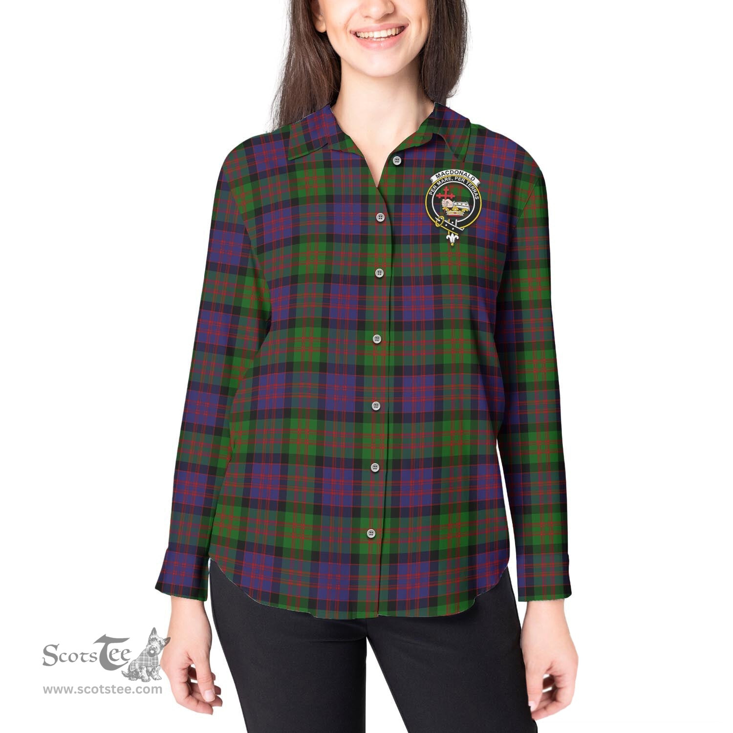 ScotsTee Shop Scottish MacDonald Clan Crest Tartan Womens Long Sleeve Shirt
