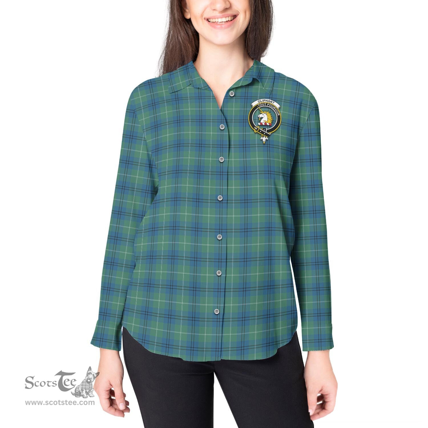 ScotsTee Shop Scottish Oliphant Ancient Clan Crest Tartan Womens Long Sleeve Shirt