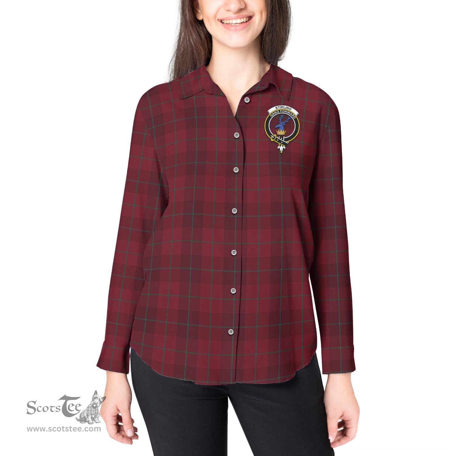 ScotsTee Shop Scottish Stirling of Keir Clan Crest Tartan Womens Long Sleeve Shirt