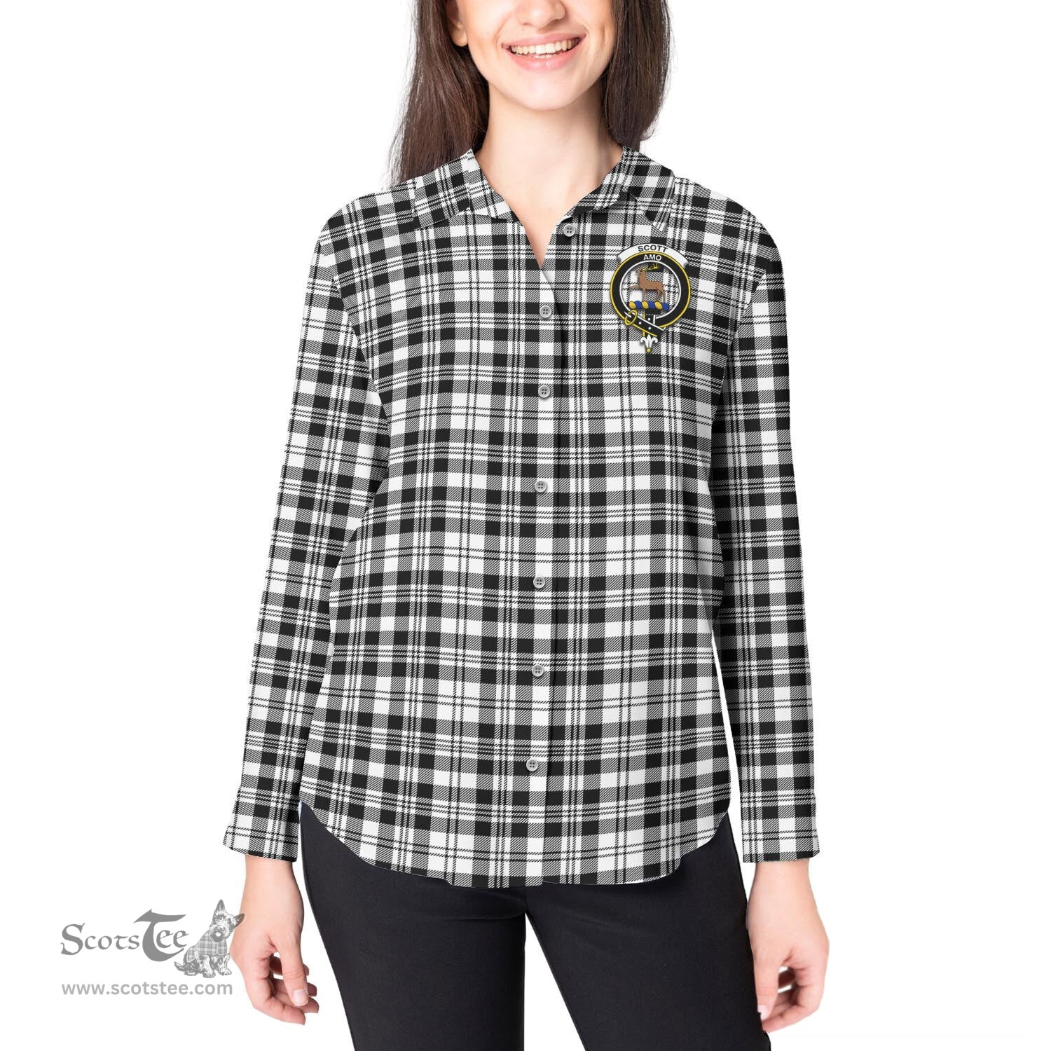 ScotsTee Shop Scottish Scott Black White Clan Crest Tartan Womens Long Sleeve Shirt