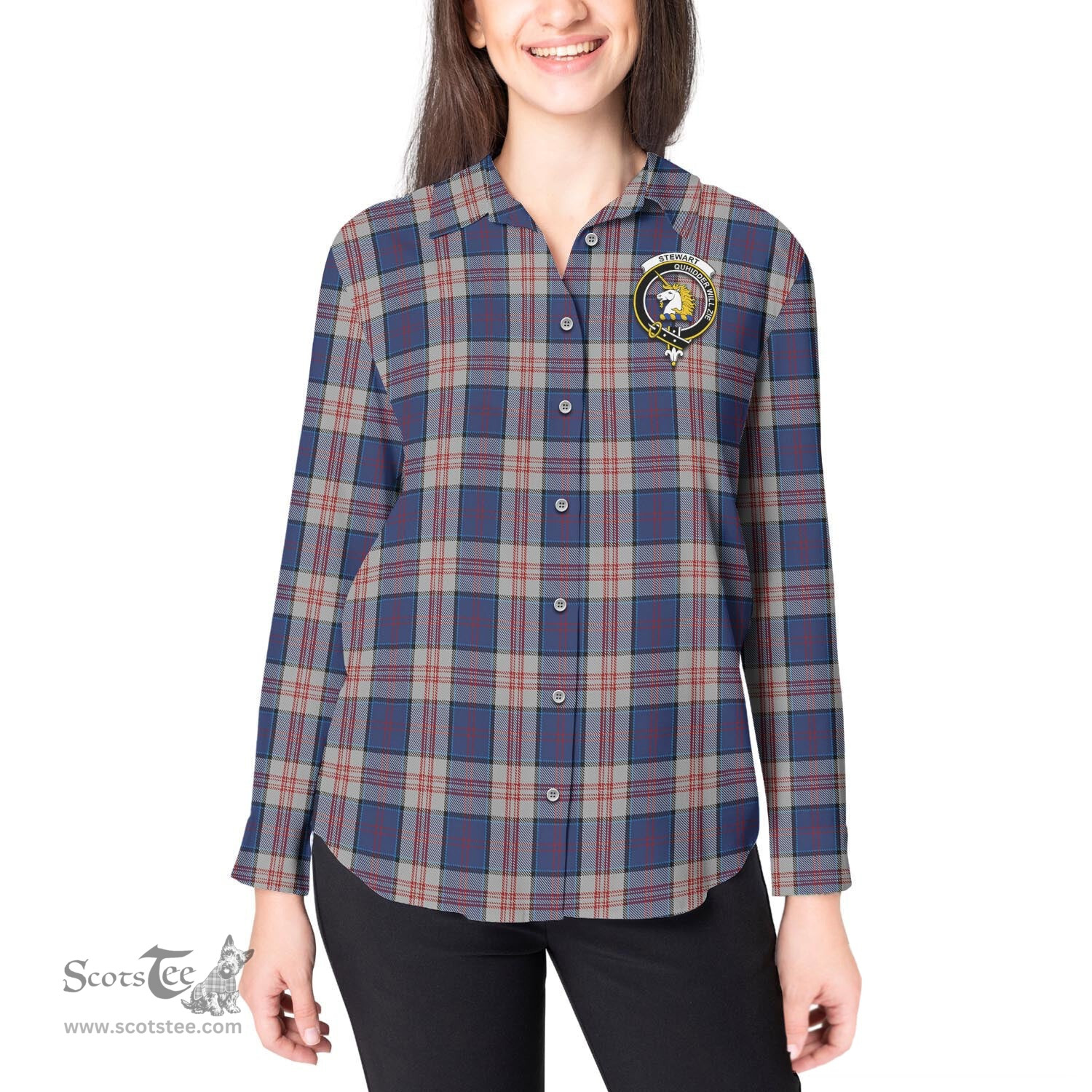 ScotsTee Shop Scottish Stewart of Appin Hunting Dress Clan Crest Tartan Womens Long Sleeve Shirt