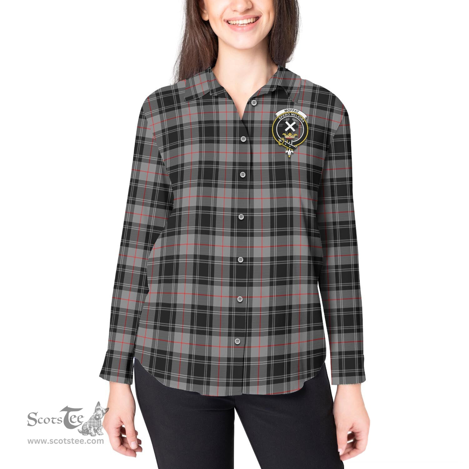 ScotsTee Shop Scottish Moffat Modern Clan Crest Tartan Womens Long Sleeve Shirt