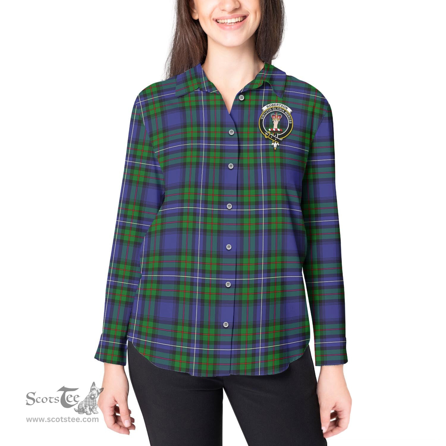 ScotsTee Shop Scottish Robertson Hunting Modern Clan Crest Tartan Womens Long Sleeve Shirt