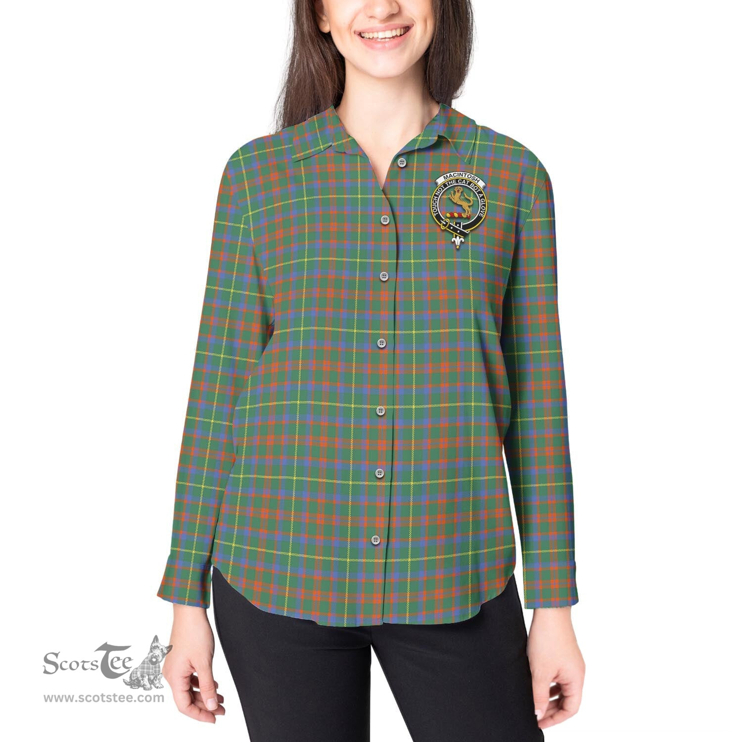 ScotsTee Shop Scottish MacIntosh Hunting Ancient Clan Crest Tartan Womens Long Sleeve Shirt
