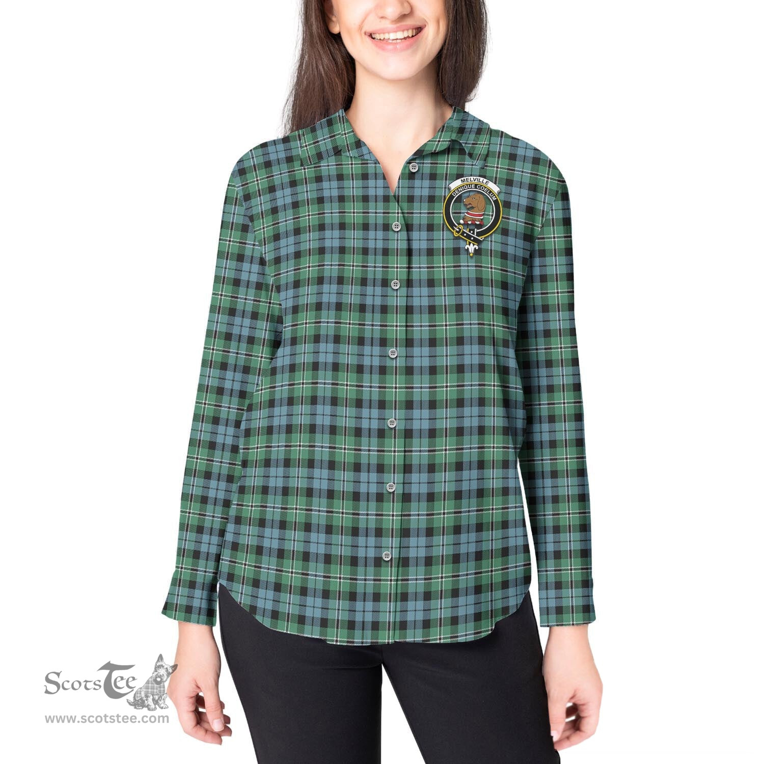 ScotsTee Shop Scottish Melville Ancient Clan Crest Tartan Womens Long Sleeve Shirt