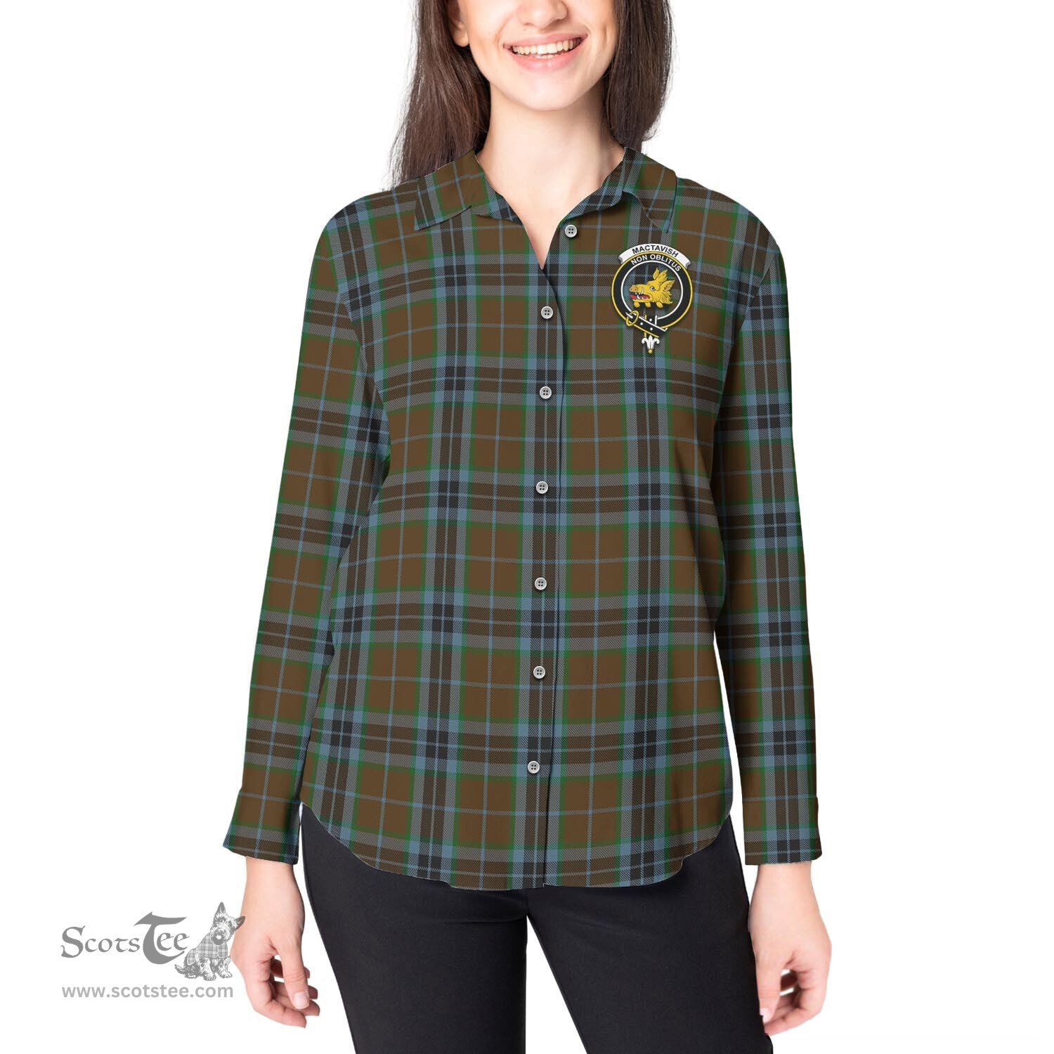ScotsTee Shop Scottish MacTavish Hunting Clan Crest Tartan Womens Long Sleeve Shirt