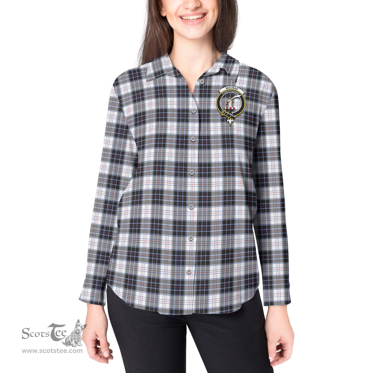 ScotsTee Shop Scottish MacRae Dress Modern Clan Crest Tartan Womens Long Sleeve Shirt