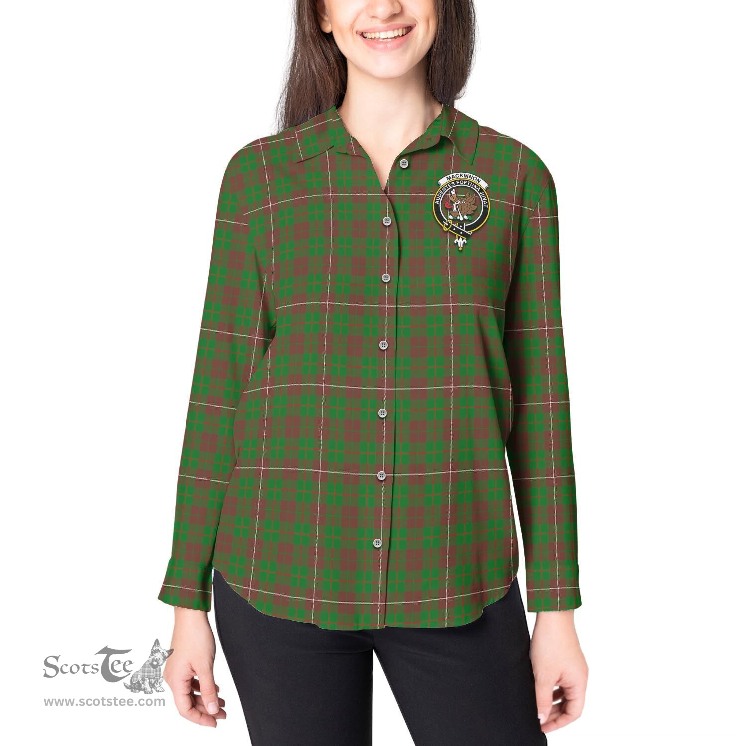 ScotsTee Shop Scottish MacKinnon Hunting Modern Clan Crest Tartan Womens Long Sleeve Shirt