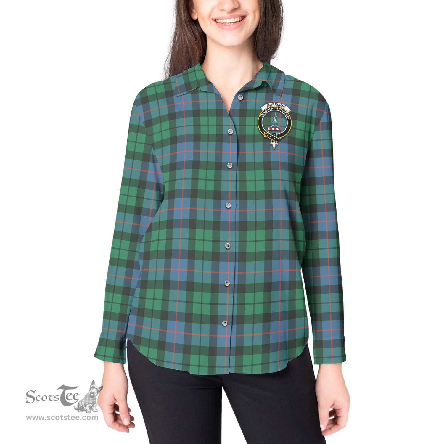 ScotsTee Shop Scottish Morrison Ancient Clan Crest Tartan Womens Long Sleeve Shirt
