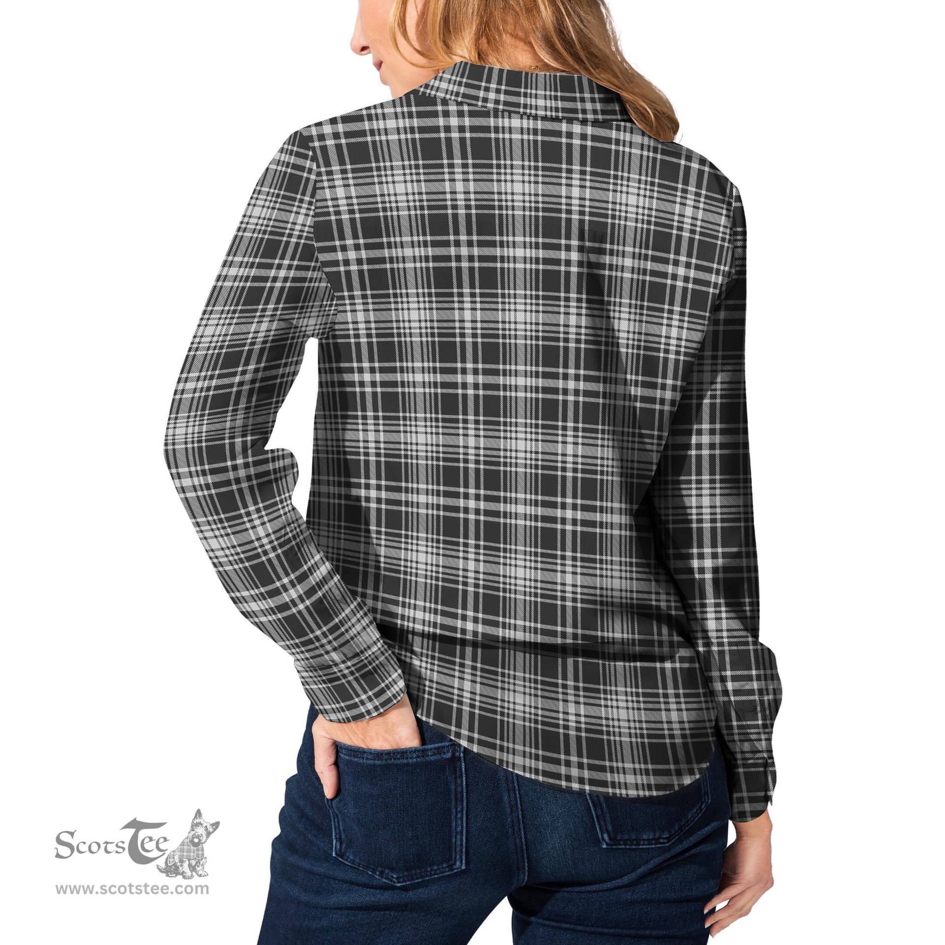 ScotsTee Shop Scottish MacLean Black and White Clan Tartan Womens Long Sleeve Shirt