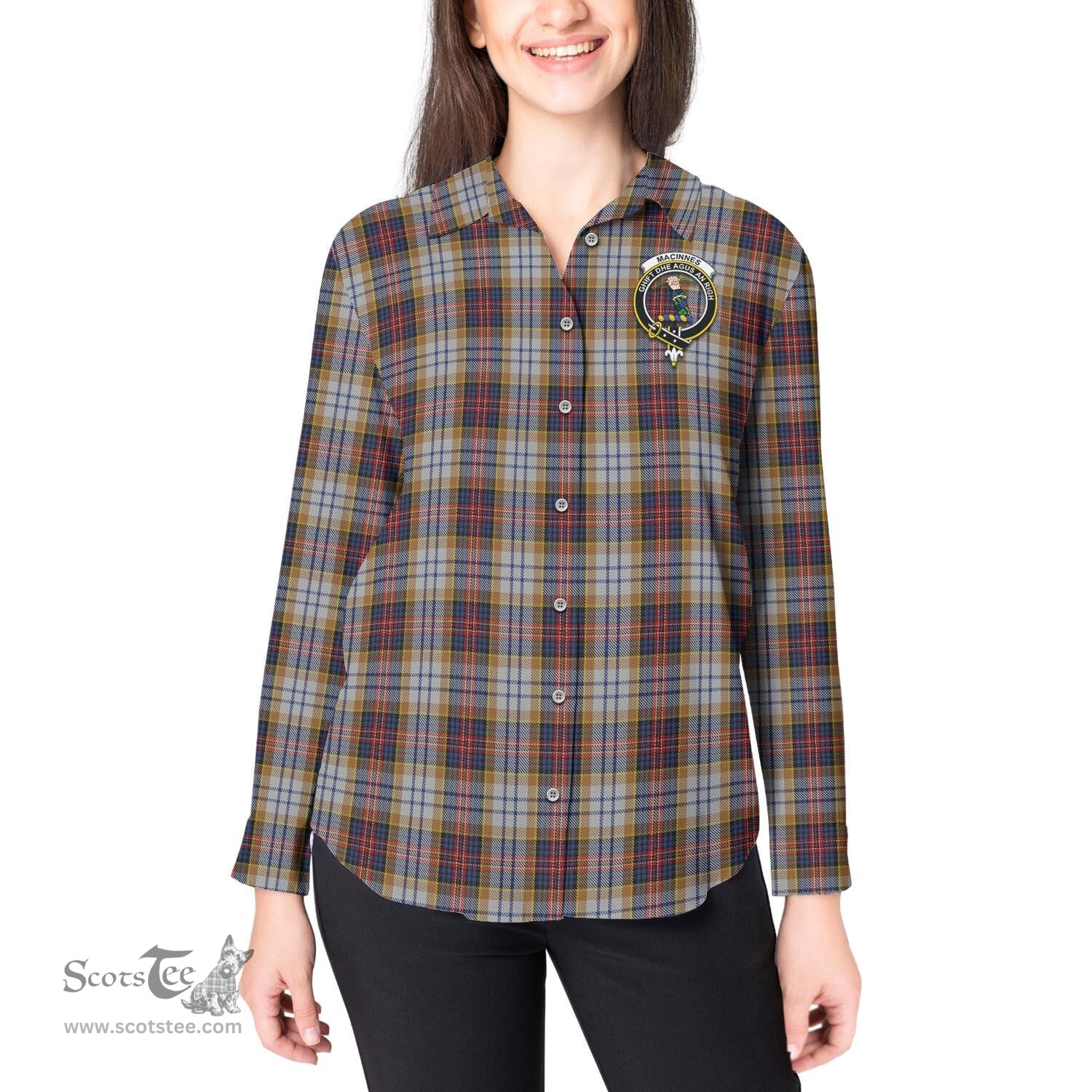 ScotsTee Shop Scottish MacInnes Ancient Hunting Clan Crest Tartan Womens Long Sleeve Shirt