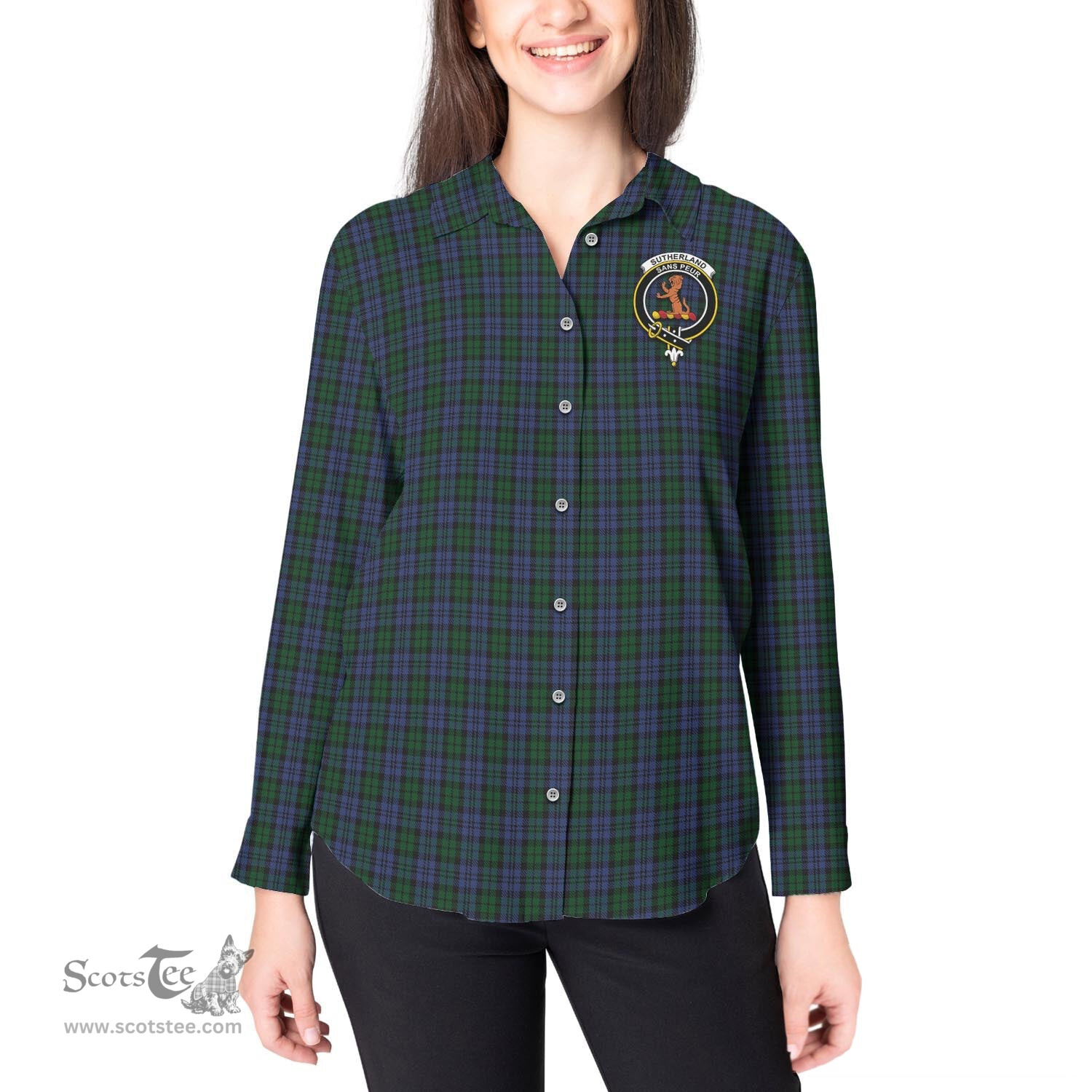ScotsTee Shop Scottish Sutherland Clan Crest Tartan Womens Long Sleeve Shirt