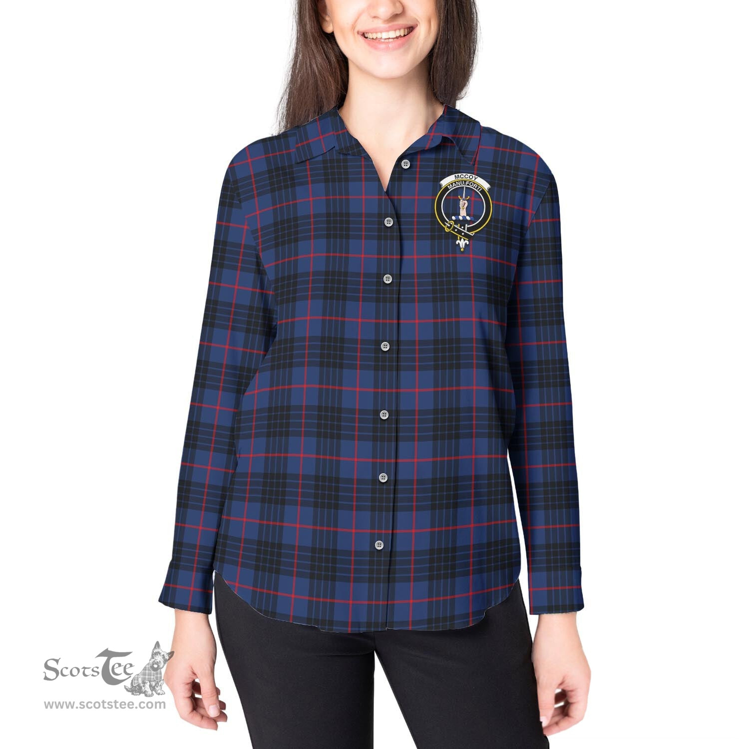 ScotsTee Shop Scottish McCoy Blue Clan Crest Tartan Womens Long Sleeve Shirt