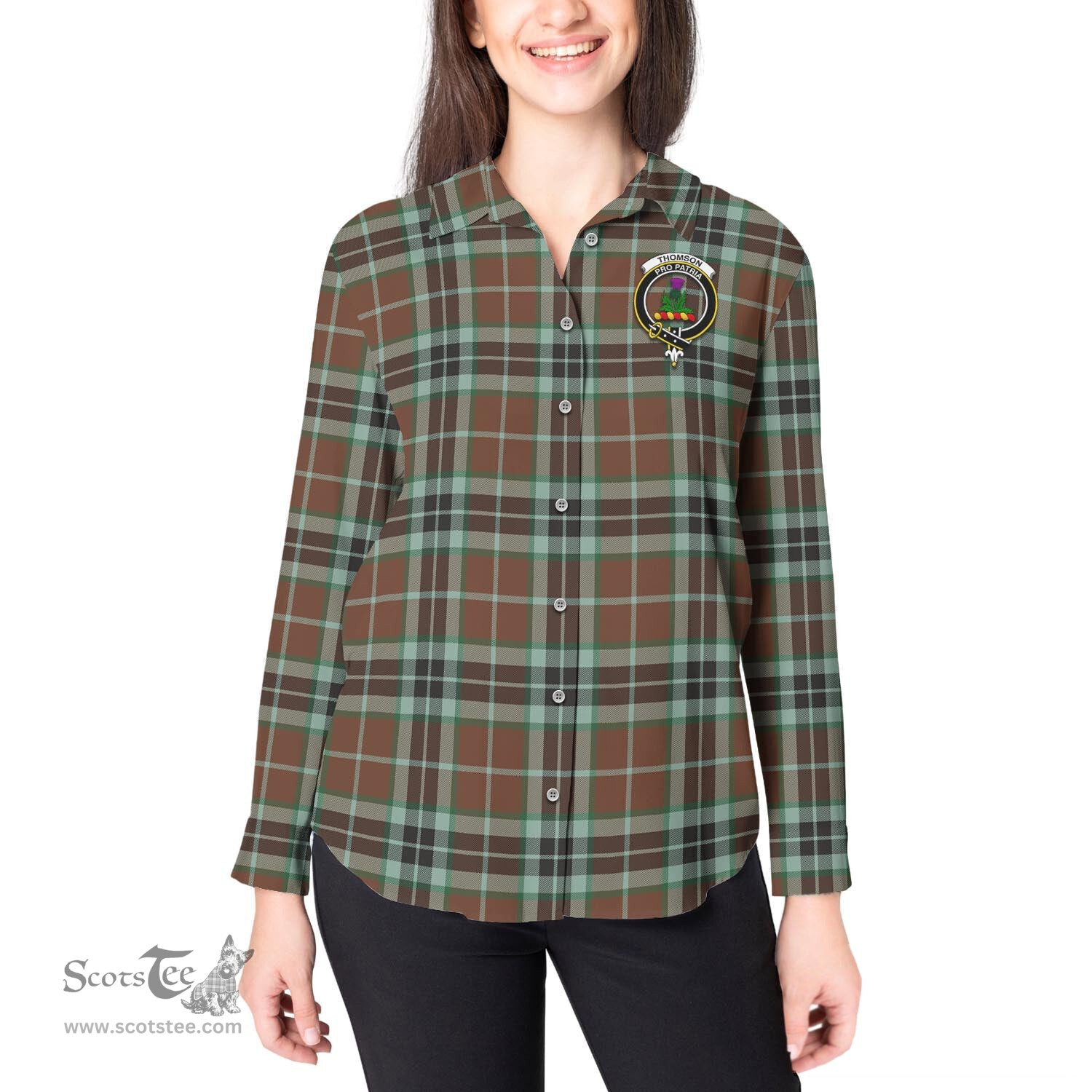 ScotsTee Shop Scottish Thomson Hunting Modern Clan Crest Tartan Womens Long Sleeve Shirt