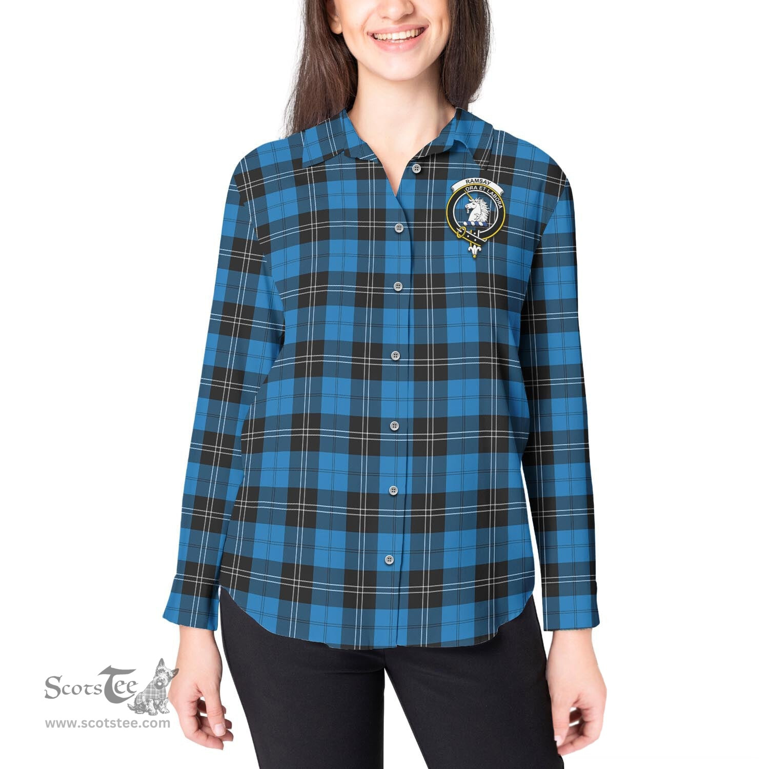 ScotsTee Shop Scottish Ramsay Blue Ancient Clan Crest Tartan Womens Long Sleeve Shirt