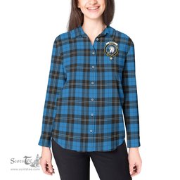 ScotsTee Shop Scottish Ramsay Blue Ancient Clan Crest Tartan Womens Long Sleeve Shirt