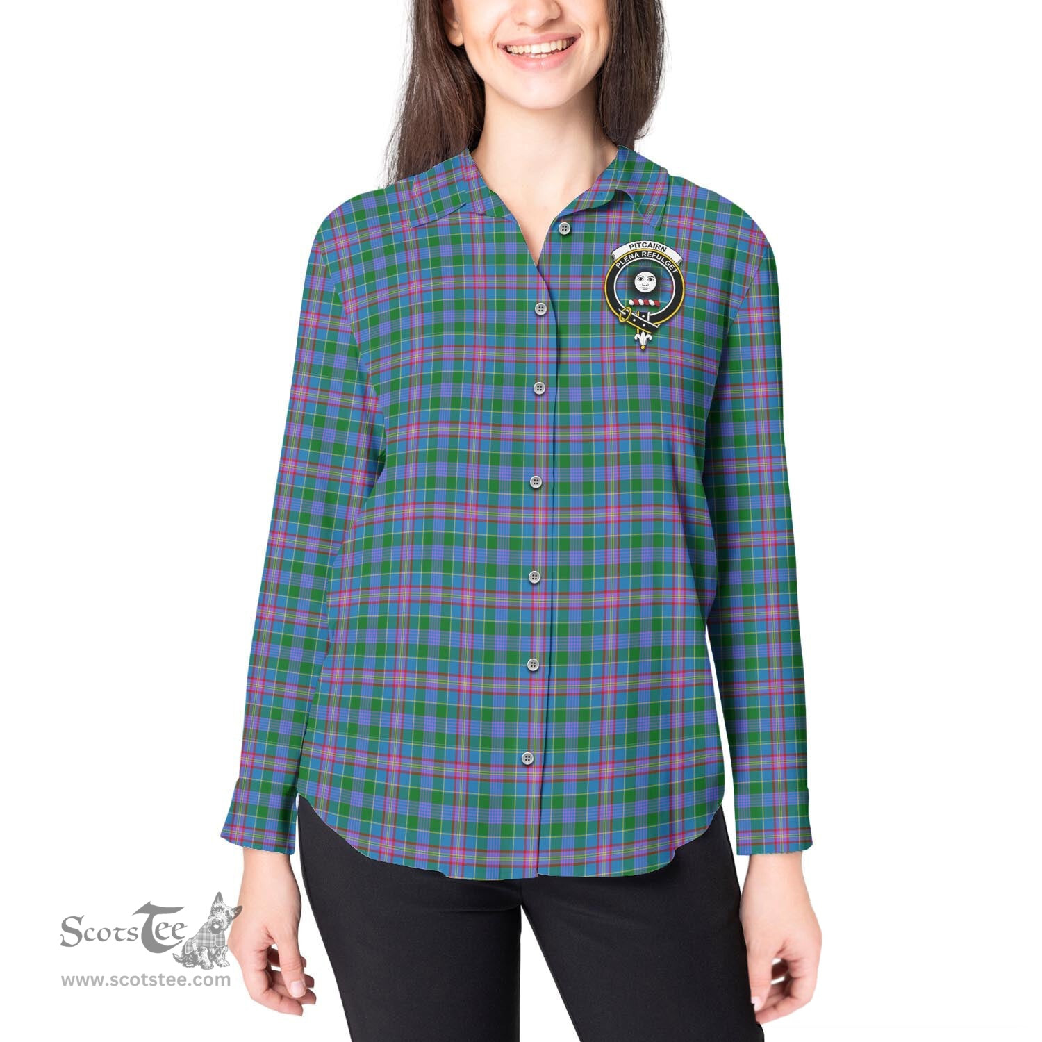 ScotsTee Shop Scottish Pitcairn Hunting Clan Crest Tartan Womens Long Sleeve Shirt