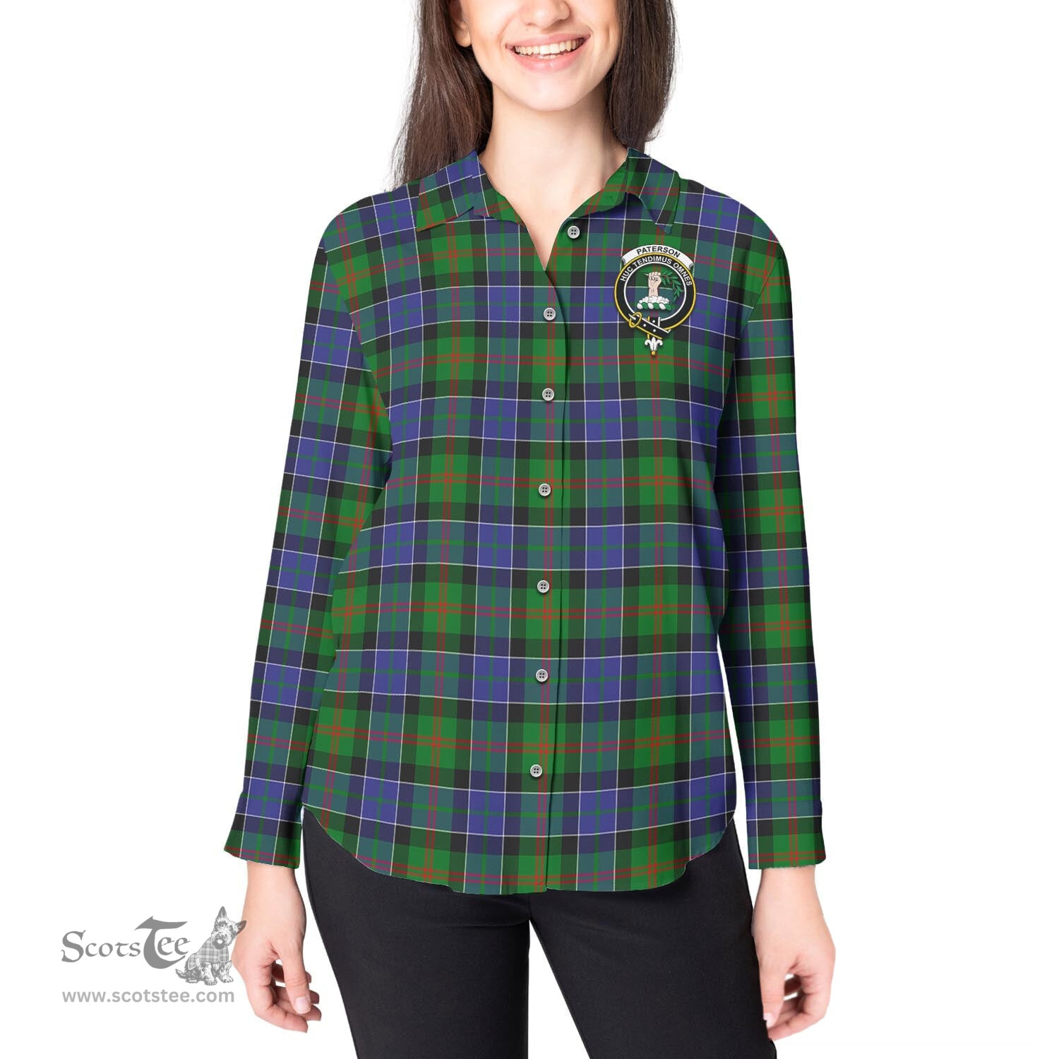 ScotsTee Shop Scottish Paterson Clan Crest Tartan Womens Long Sleeve Shirt