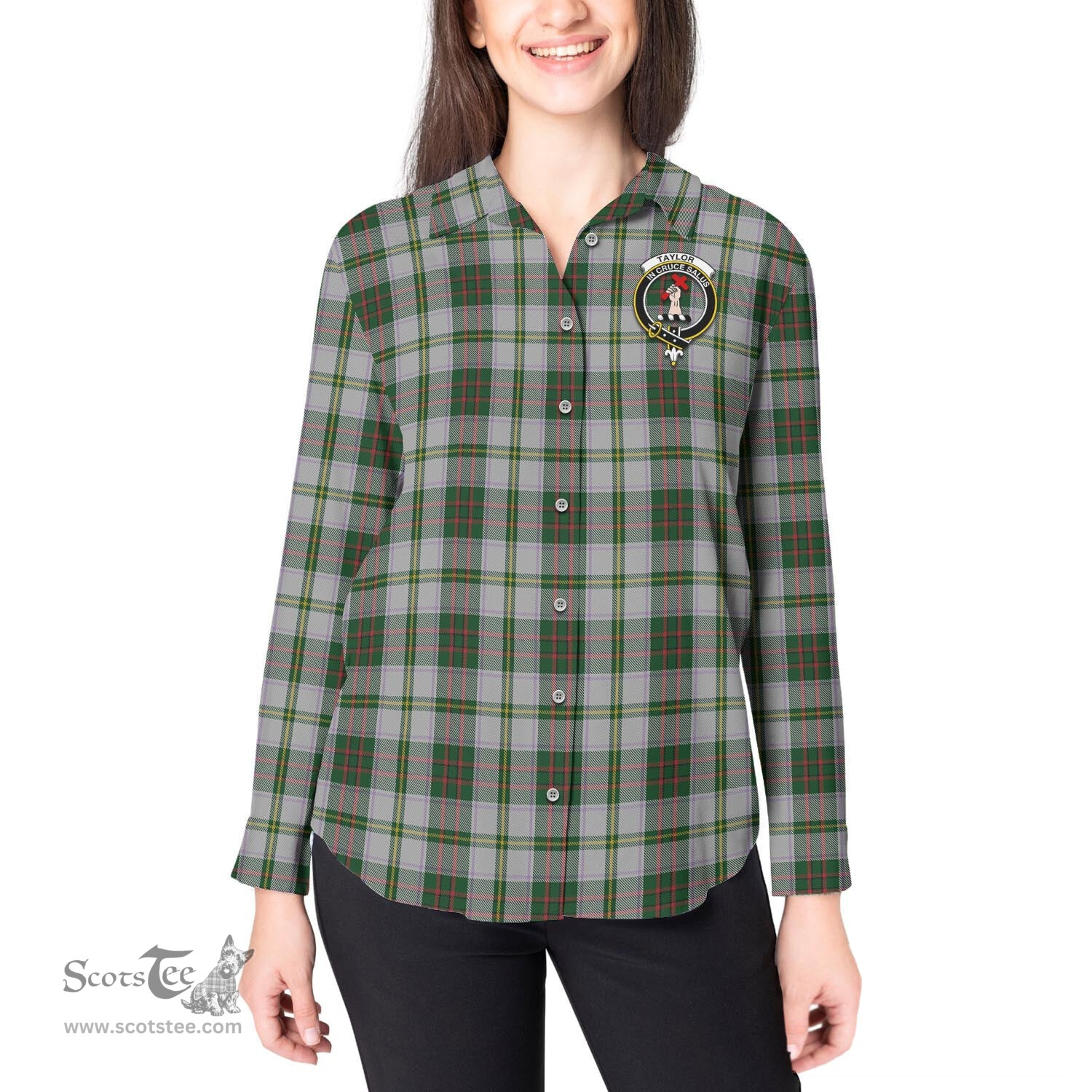 ScotsTee Shop Scottish Taylor Dress Clan Crest Tartan Womens Long Sleeve Shirt