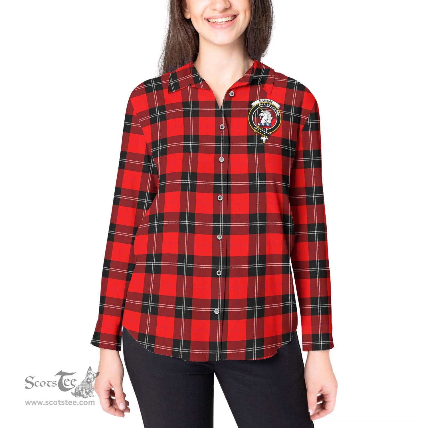 ScotsTee Shop Scottish Ramsay Modern Clan Crest Tartan Womens Long Sleeve Shirt